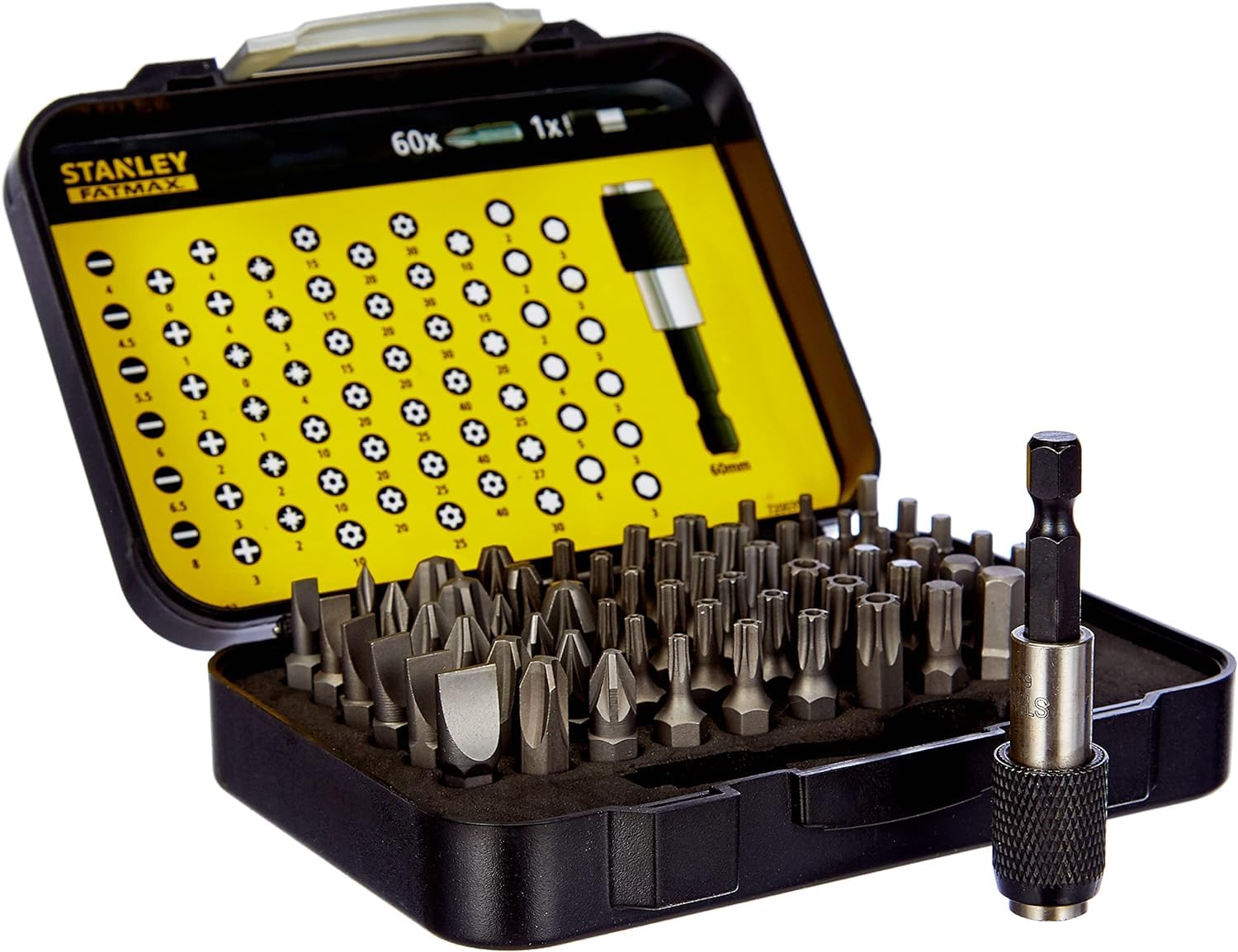 STANLEY Valise de Maintenance - 142 Pièces - Pinces et coupe-touts, clé à molette, niveau & Coffret de 61 Embouts 1/4" (25mm) + mallette - Porte Douille Adaptateur 50mm - Porte embout magnétique 60mm