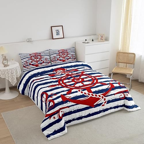 Miniatura 8 de Erosebridal Juego de ropa de cama con ancla náutica para niños, juego de edredón de aventura con brújula costera, juegos de edredón de velero