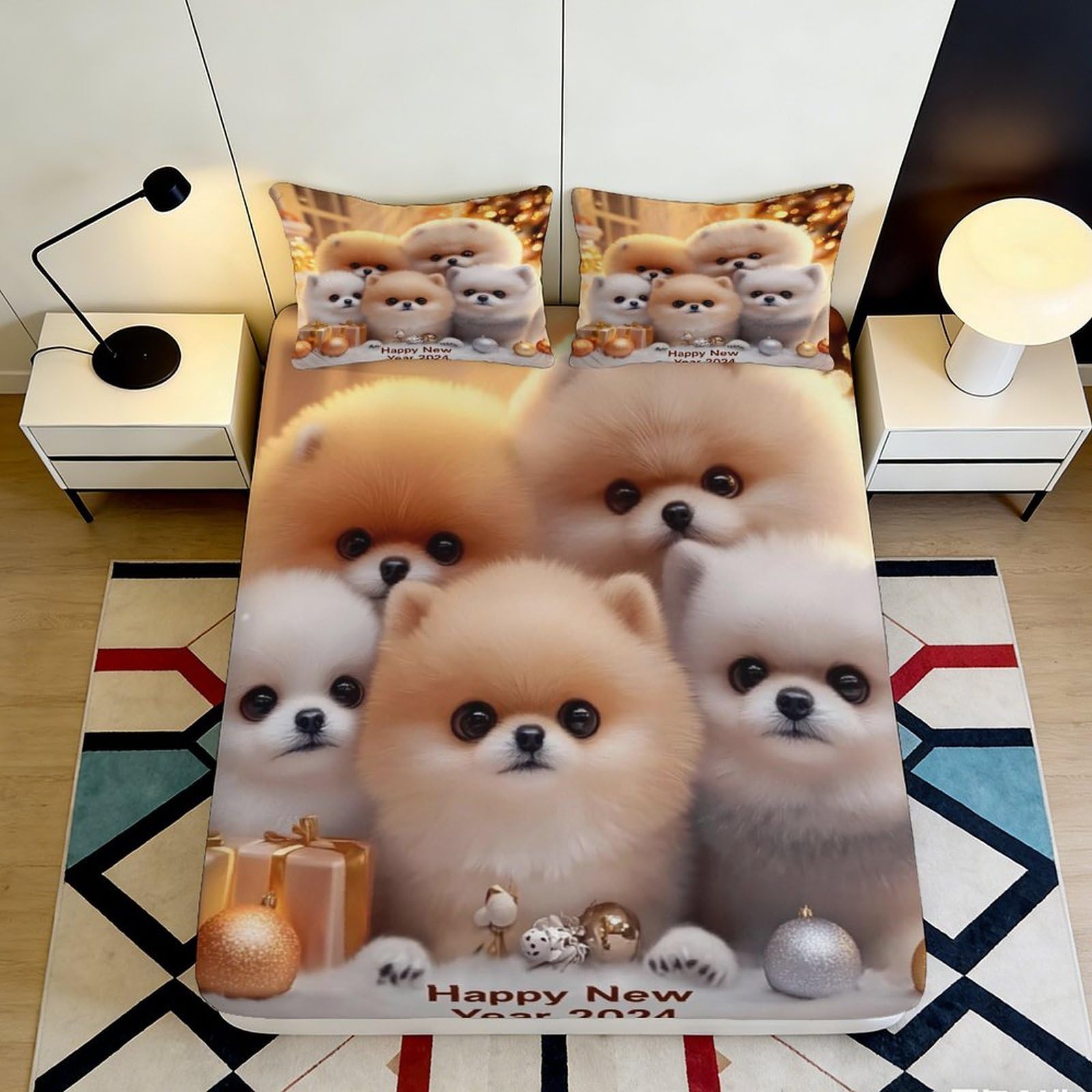 3D Printed Cute Pomeranian Dogs Fitted Sheet Microfiber Soft Breathable Happy New Year 2024 Bed Cover for Bedroom Dormitory Guest Room Protection Decor 140x200x25cm