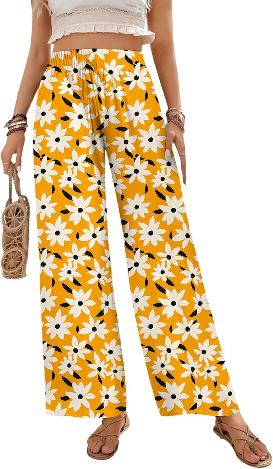 Women's High Waist Floral Pant Wide Leg Elastic Adjustable Palazzo Pants Trendy Boho Trousers Casual Summer Lounge Trouser