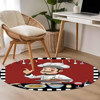Round Area Rug 3.3ft, Cheg Red Non-Slip Area Rugs for Living Room/Bedroom/Bathroom/Kitchen, Black White Check Buffalo Plaid Grid Lattice Washable Throw Floor Mat Indoor Outdoor Entrance Doormat