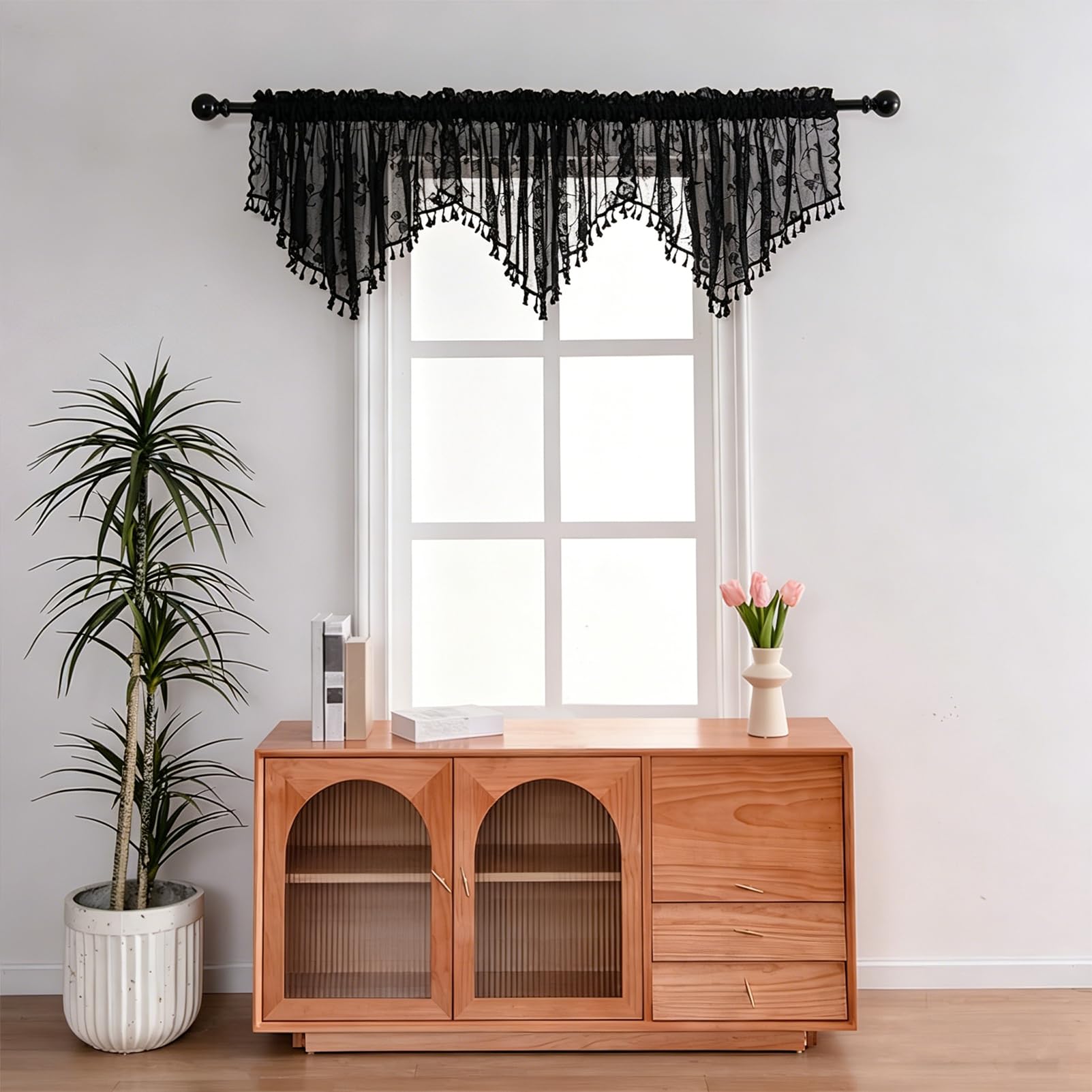 Lot de 3 cantonnières transparentes noires pour fenêtres, petits rideaux décoratifs en dentelle, pour cuisine, salon, motif feuilles