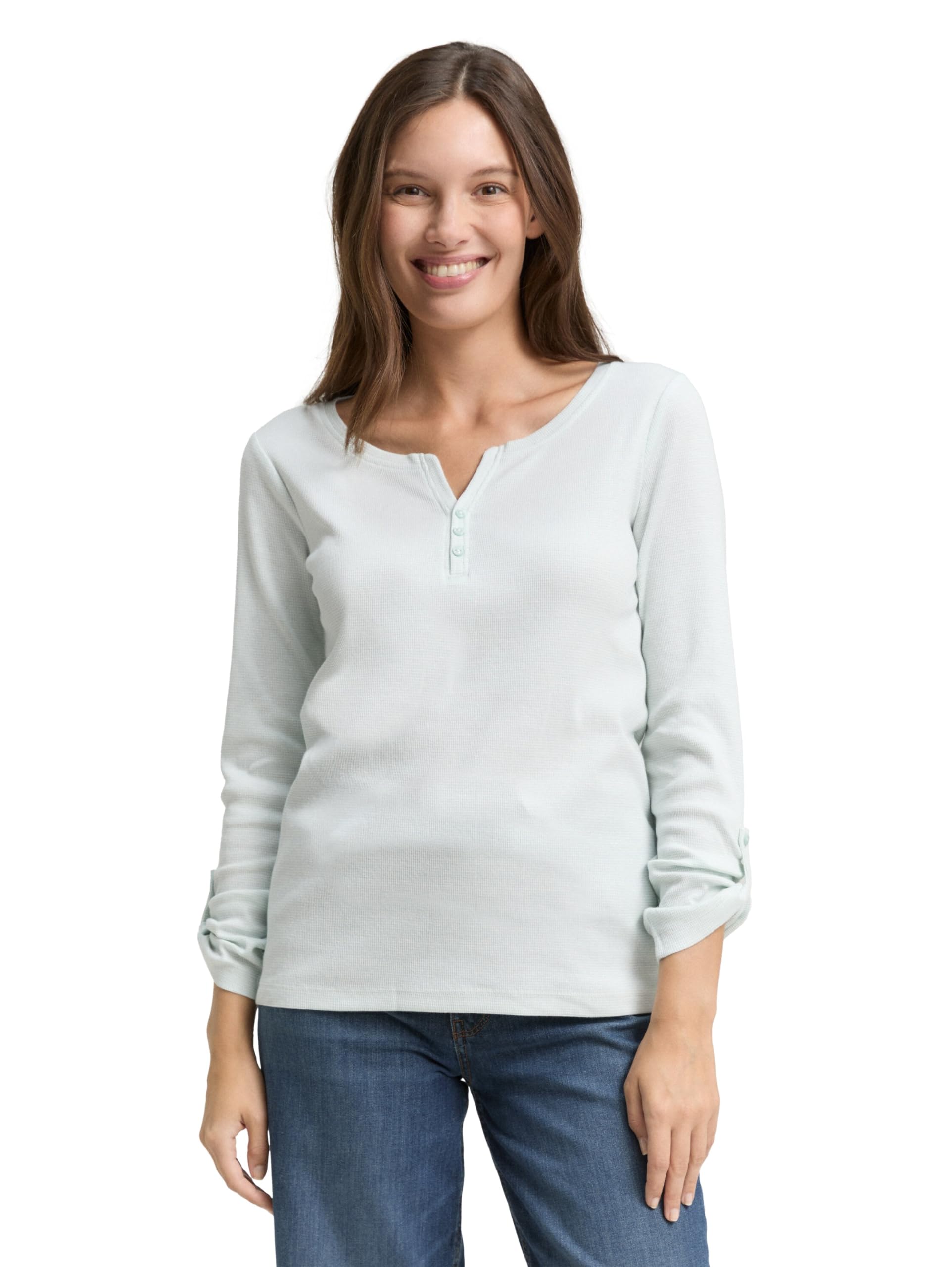Tom Tailor Damen 1024036 Henley Longsleeve Mit Streifenmuster, 40015 - Offwhite Mint Small Stripe, M EU