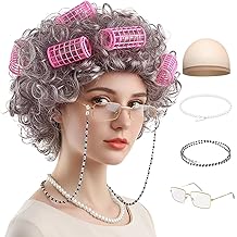 Old Lady Costume for Women, 5 PCS Kids 100 Days of School Grandma Wig Costume Halloween Girls Adults Cosplay Accessories Set (Brown Curly)