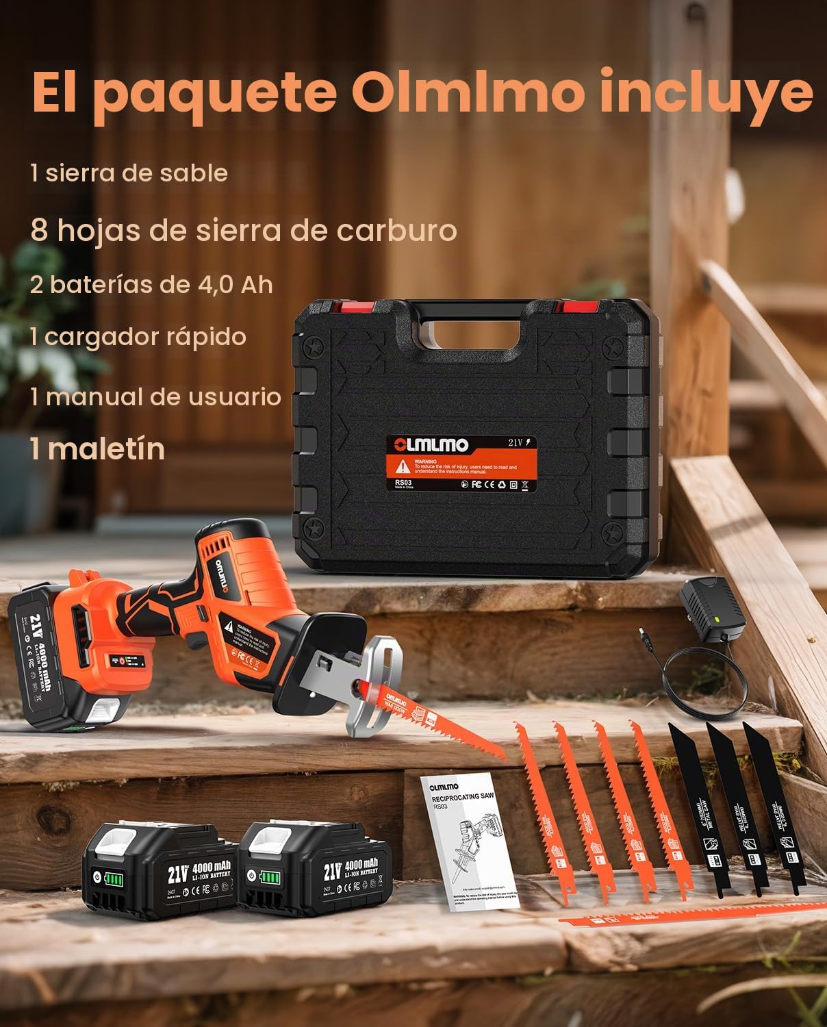 Sierra de sable con batería 21V, Sierra Sable Inalámbrica con 2 baterías de 4,0 Ah, 0-3300 spm, 8 hojas de sierra, cambio de hoja sin herramientas, para cortar madera y metal