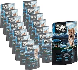 Dehner Wild Nature Mountain Lake Cat Food, Wet Food, Grain-Free / Sugar-Free, for Adult Cats, Salmon/Trout, 16 x 85 g Bags (1.36 kg) product image