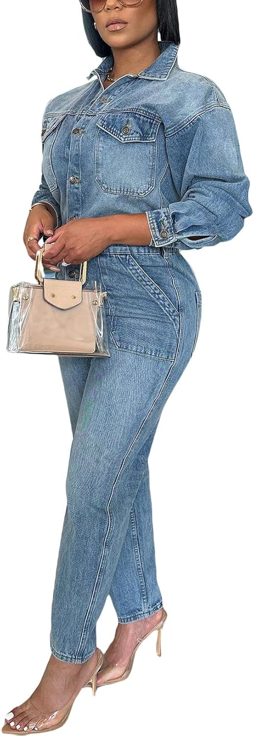 [YADMISU] 女性用デニムジャンプスーツ 長袖ボタンアップ伸縮マルチポケットジーンロンパースジャンプスーツ