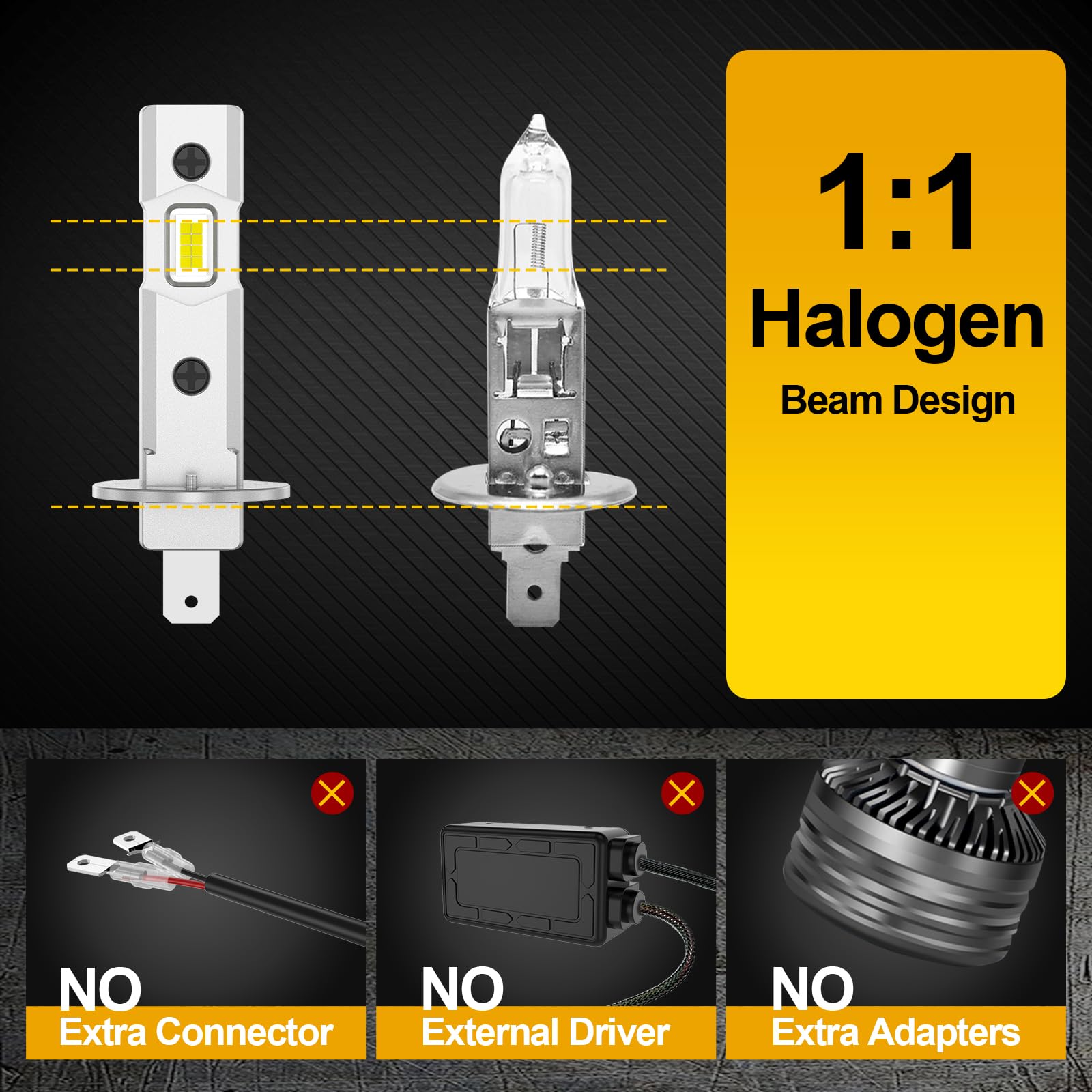 H1 LED,16000LM 12V 6500K bianco 60W 500% Plus Luminoso,Lampadina H1 LED Fari per Auto e Moto,Sostituzione alogena H1,2PCS