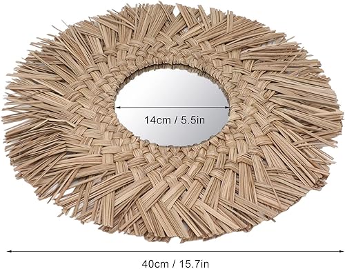 Miniatura 7 de Pssopp Espejo de pared de tejido de paja, espejo de decoración de pared, imágenes HD, hermoso retro, fácil de colgar, decorativo para baño (natural)