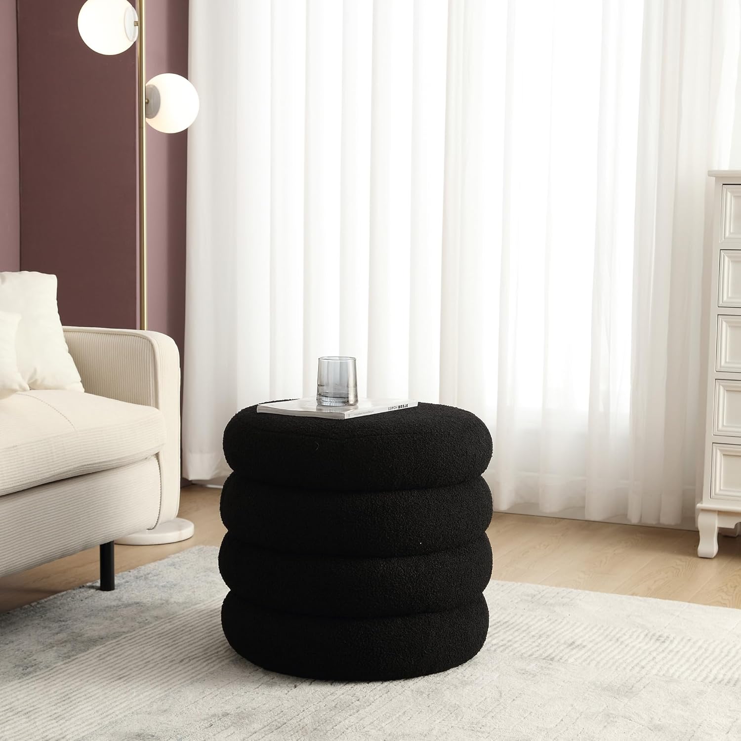 Flouki 19.5" Storage Ottoman Round, Vanity Stools for Bedroom, Sherpa Pouf Ottoman with Removable Lid, Modern Ottoman Stool for Girls Women, Foot Stool for Living Room, Black