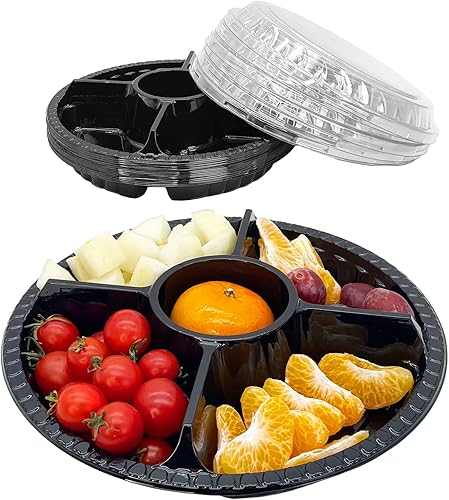 Miniatura 8 de Apatal 12 bandejas desechables para frutas, bandeja redonda de plástico para servir aperitivos con tapa, 6 compartimentos, recipientes divididos de