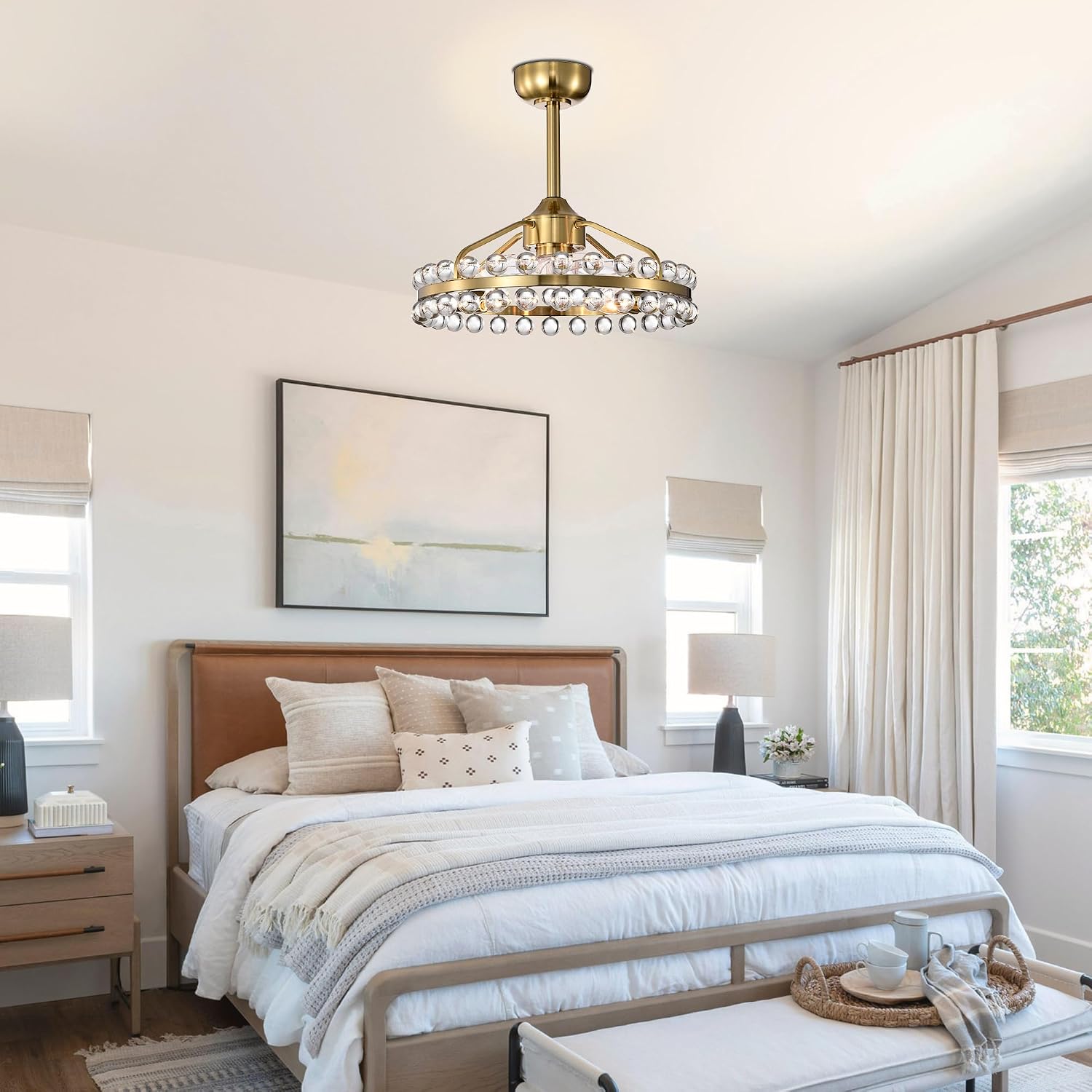 Maxax 21" Crystal Ceiling Fans with Lights and Remote,Modern Caged Ceiling Fan with Light,Yellow Bronze Flush Mount Ceiling Fan with Reversible 7 Blades 6 Speeds for Bedroom Dining Room Kitchen