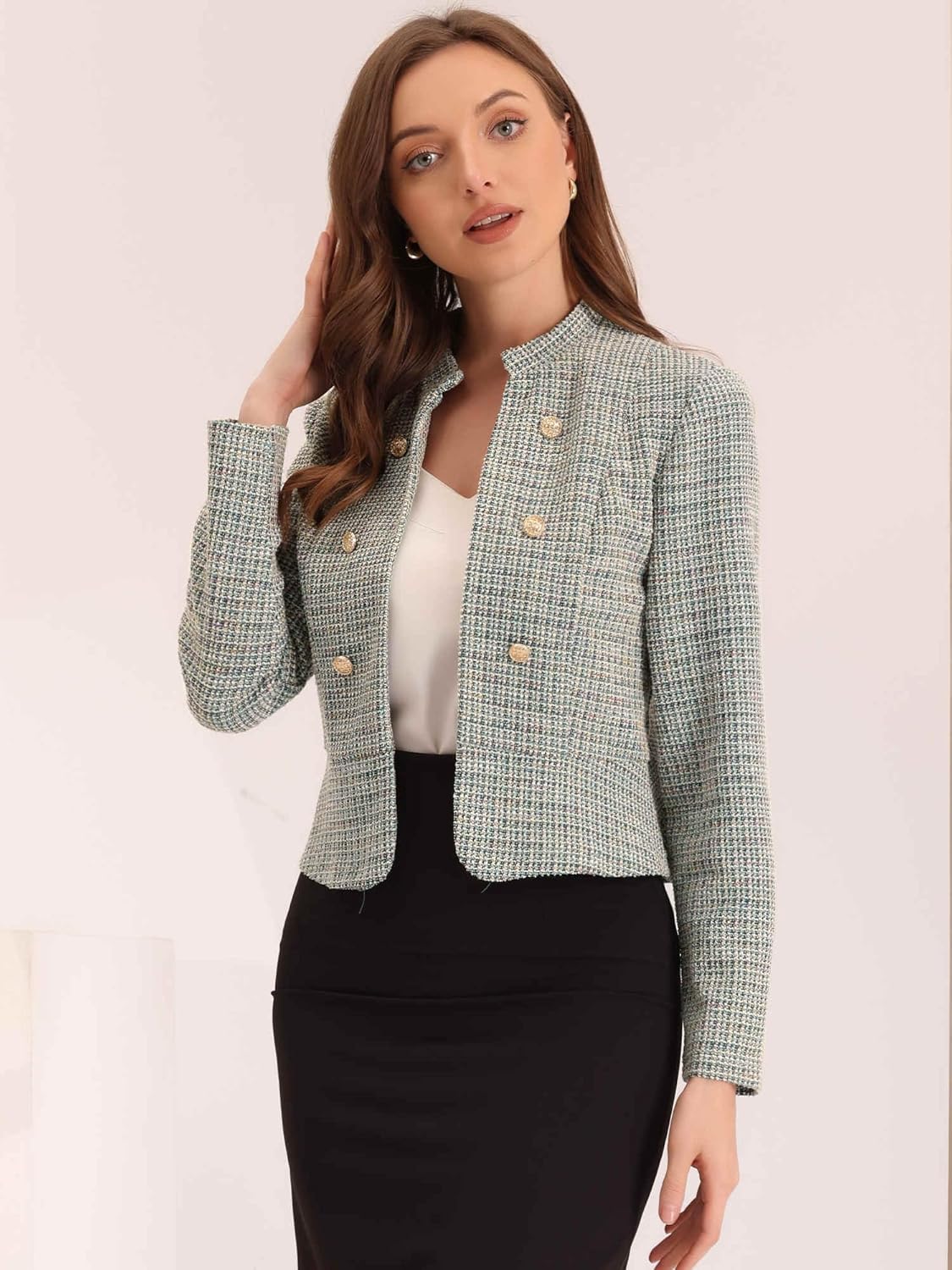 Allegra K Vintage Tweed Jackets for Women's Stand Collar Business Open Front Cropped Blazer Jacket - Image 4