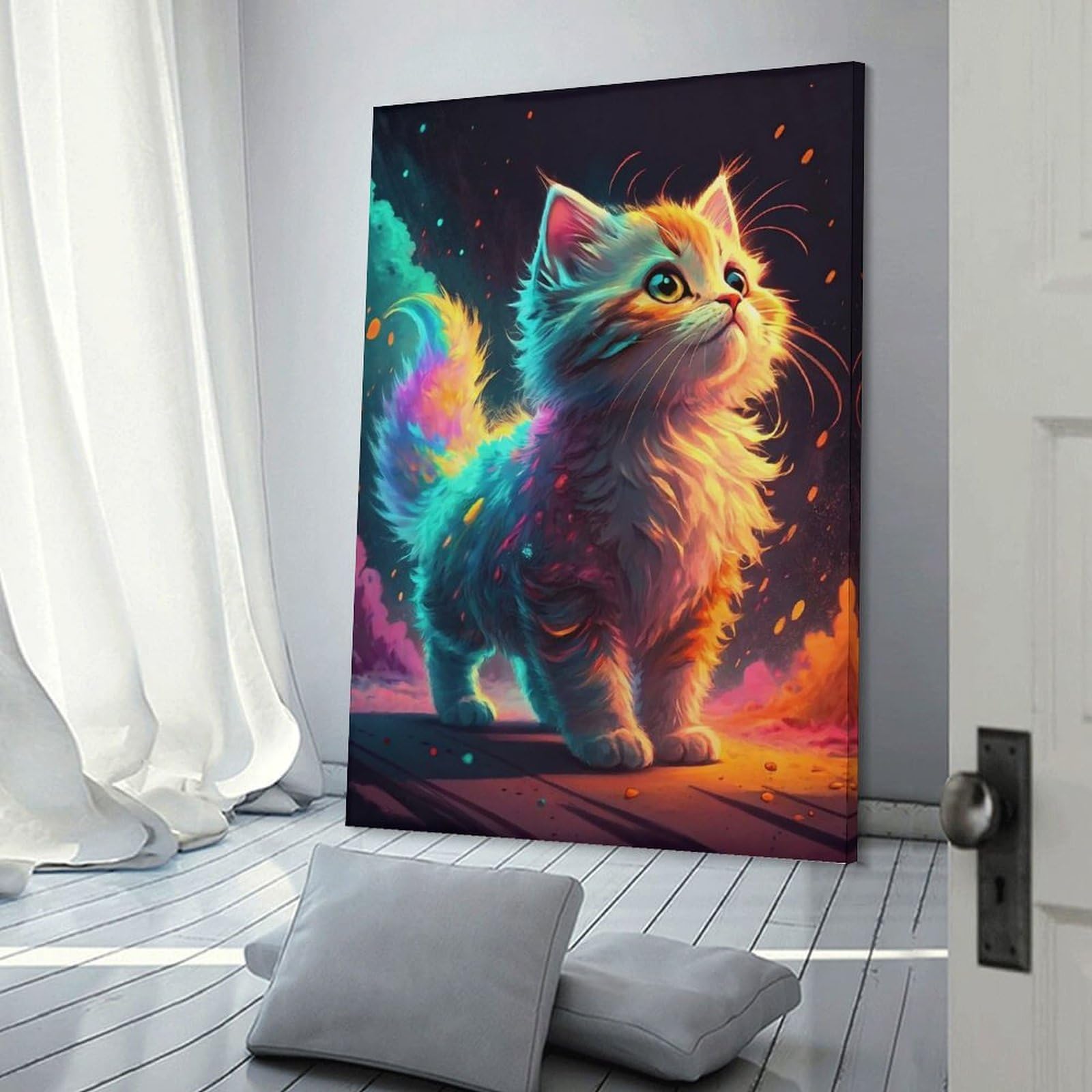 Junmoney Canvas Wall Decor Vibrant Rainbow Kitten, 24x36inch(60x90cm), for Bedroom Decor, Cosy Corners Or Studios, Decorative Wall Art for Cosy Rooms