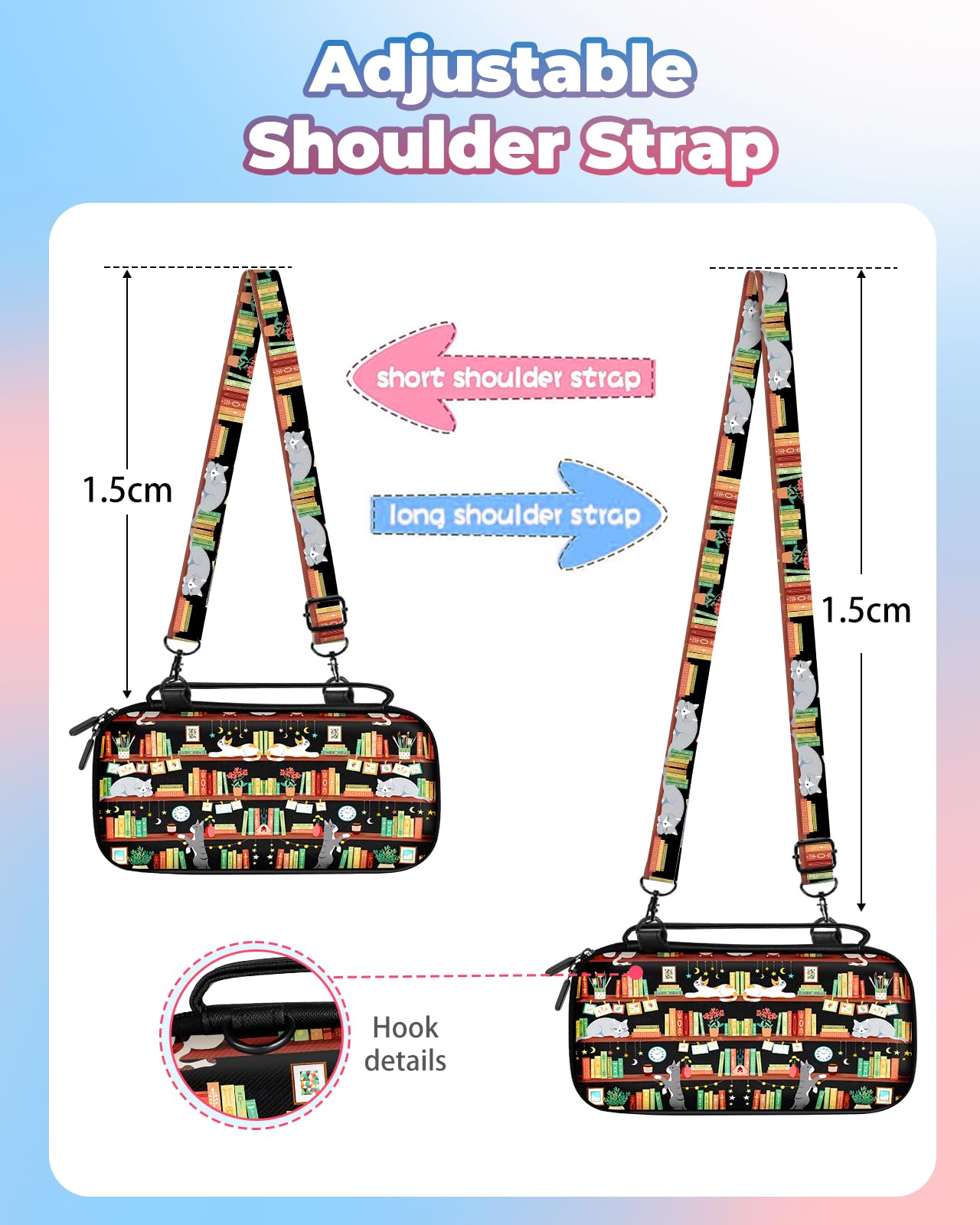 Funda de transporte para Nintendo Switch/Switch OLED, funda de transporte de viaje, funda protectora rígida, estantería para libros, gatos, niñas, niños, accesorios, bolsa de almacenamiento