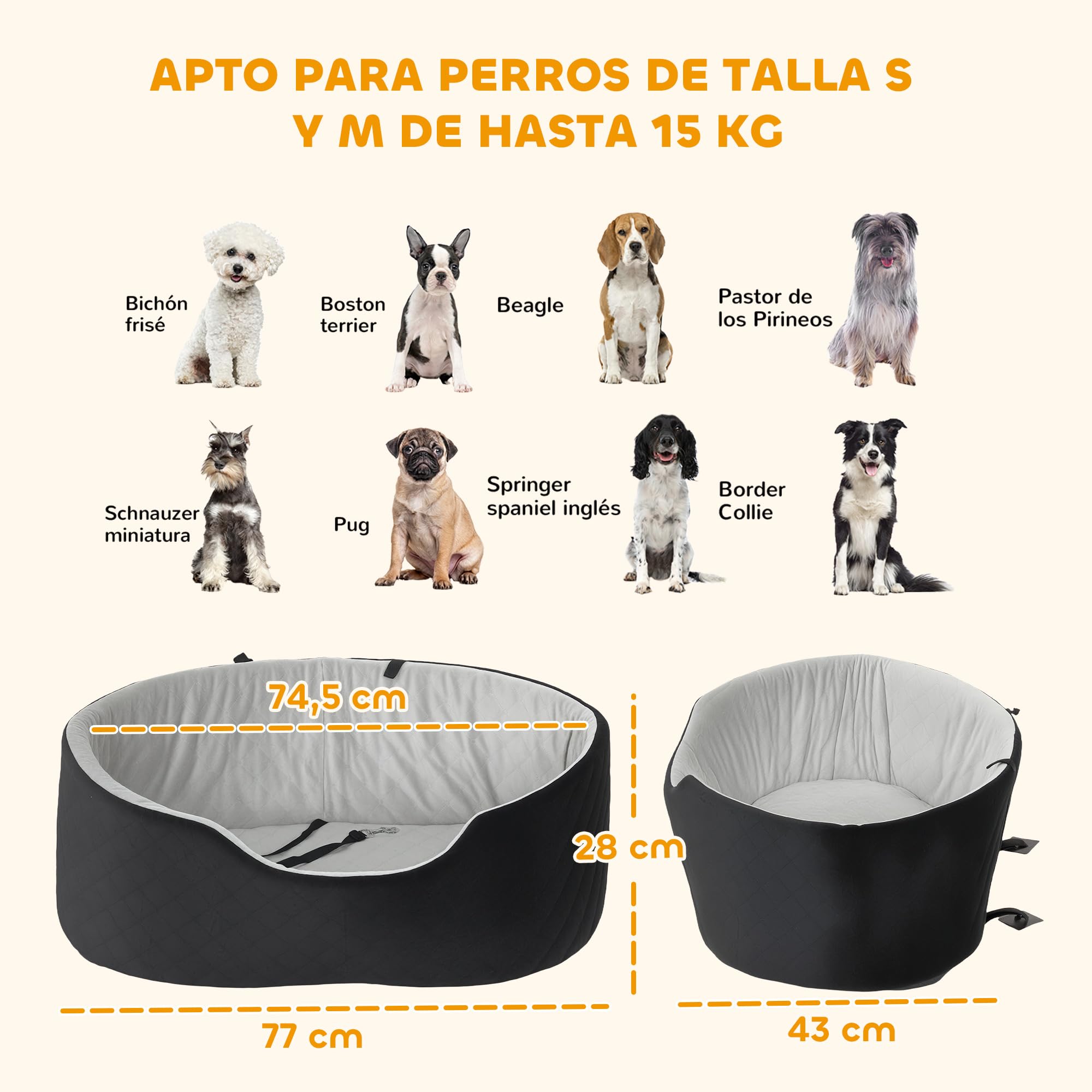 PawHut Asiento de Coche para Perros Pequeños y Medianos, Asiento de Coche para Mascotas hasta 15 kg, Cama de Viaje con Cinturón de Seguridad, Base Antideslizante y Funda Desmontable Lavable