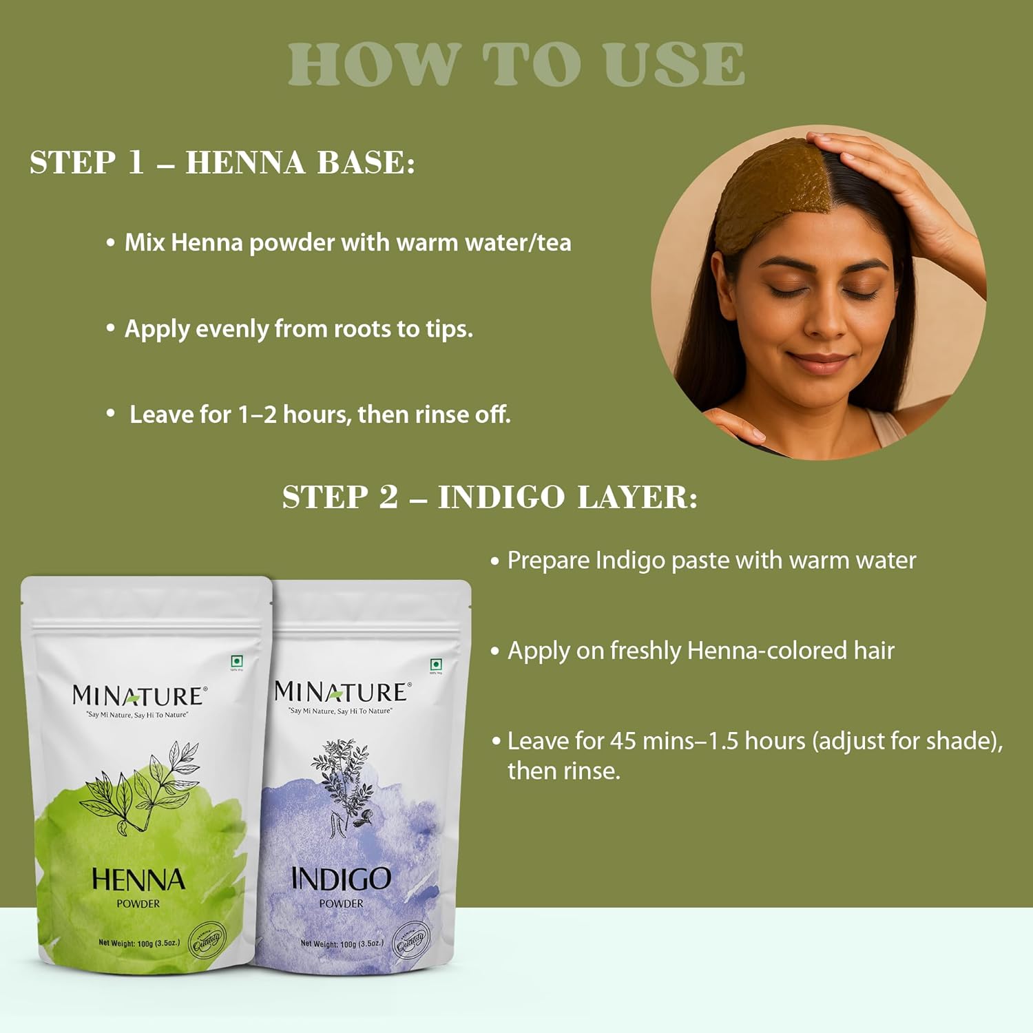 Mi Nature Hair Dye DIY Combo | Henna & Indigo Powder with Applicator |From Pure Dried Leaves| Sourced from Rajasthan for Black or Brown Colour |100G (EACH)(Pack of 2) - Image 6