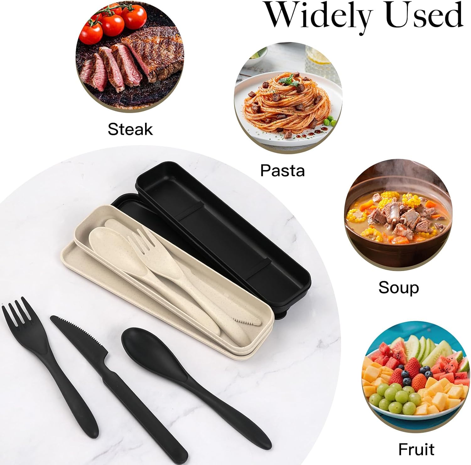 JEPELUS 2 Sets Reusable Travel Utensils Set with Case, Portable Camping Fork Spoon Knife Set Plastic Reusable Cutlery Tableware for Lunch Box Adult Picnic School Work Daily Use (Black, Light Beige)