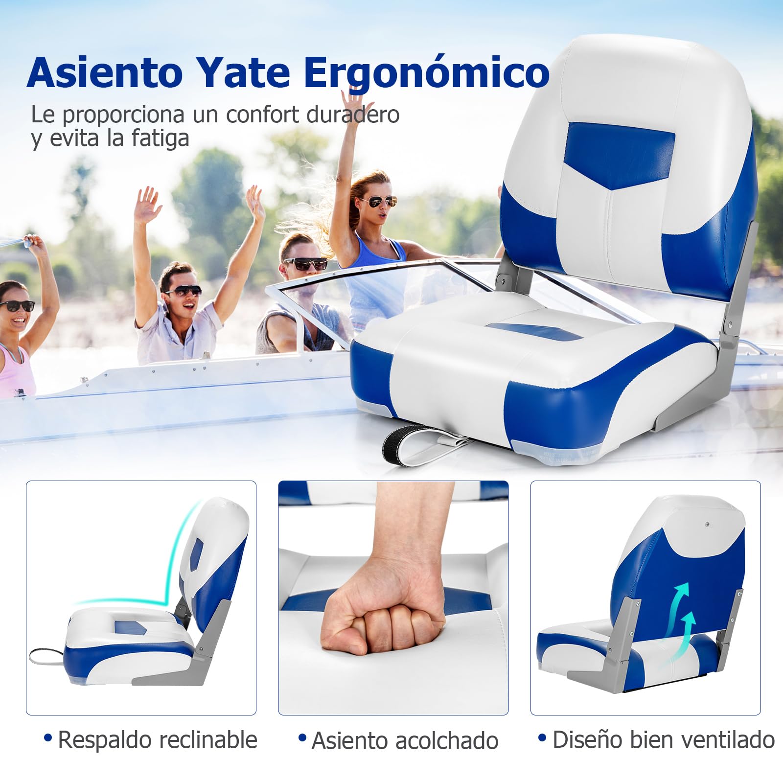 GOPLUS Juego de 2 Asientos de Barco, Silla Plegable para Barco Impermeable, Asiento Yate Ergonómico con Correas y Tornillos de Fijación, 42 x 50 x 52 cm, para Pescar, Pilotaje, Barco de Pesca (Azul)