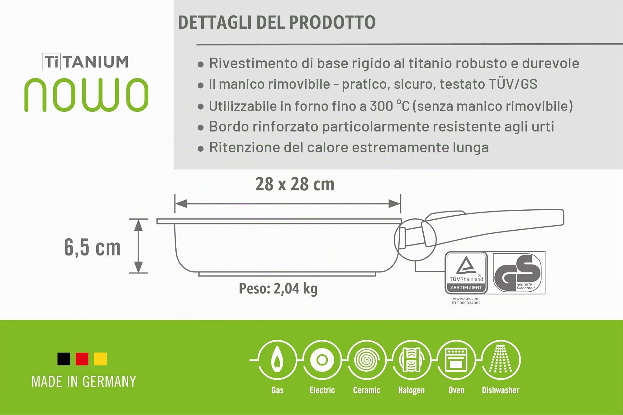 Woll 1628-1N Titanium Nowo - Padella per Carne in ghisa, 28x28 cm 28 cm Nero