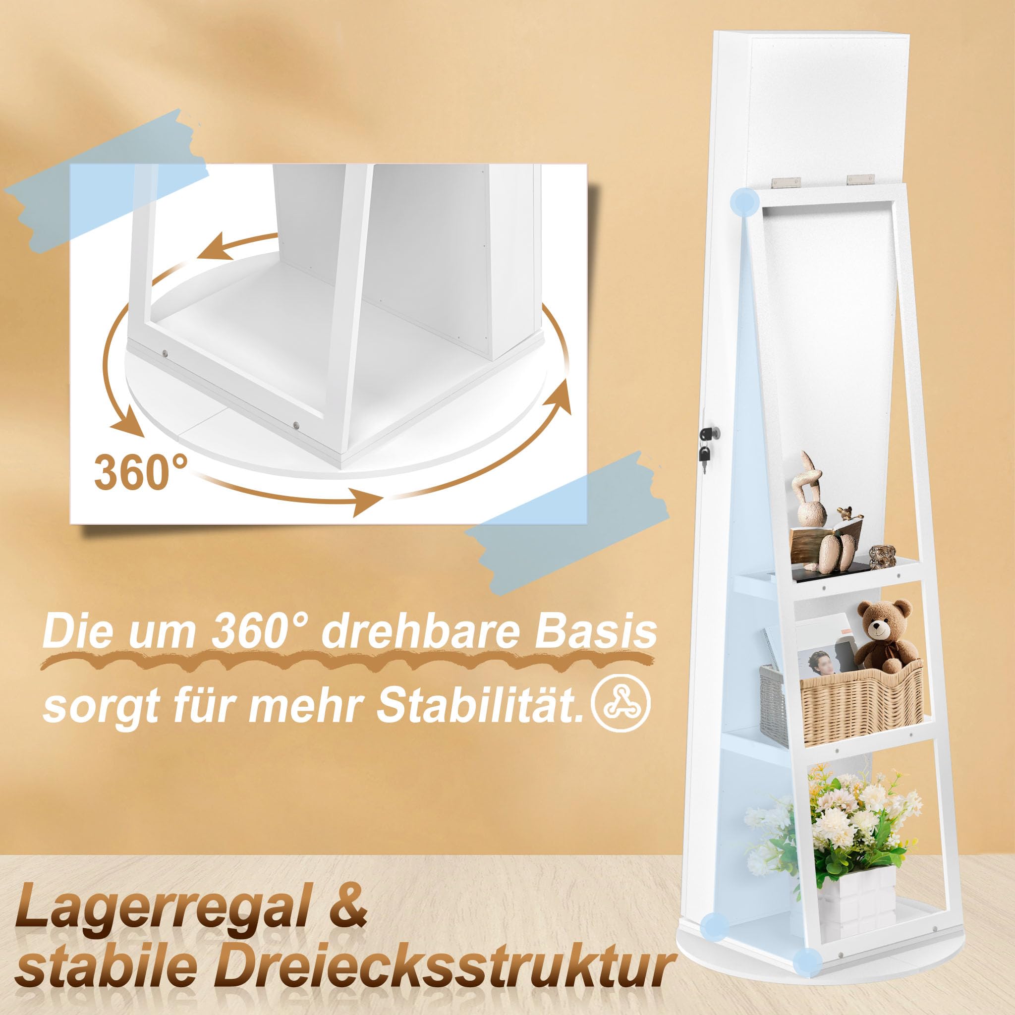 LZQ Armoire à bijoux avec miroir et lumières LED - Pivotant à 360° - Verrouillable - Organiseur de bijoux 3 en 1 - Grand rangement de bijoux - 161 x 54,5 x 10 cm - Blanc