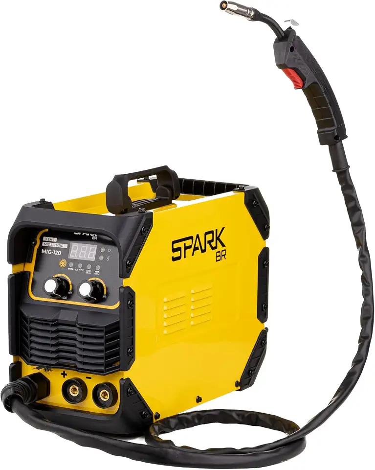 Máquina Inversora De Solda Profissional Elétrica 3 Em 1 Mma Tig Lift Mig Sem Gás 120A Com Acessórios Spark Br Amarelo Bivolt