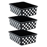Teacher Created Resources White Polka Dots on Black Large Plastic Storage Bin, Pack of 3