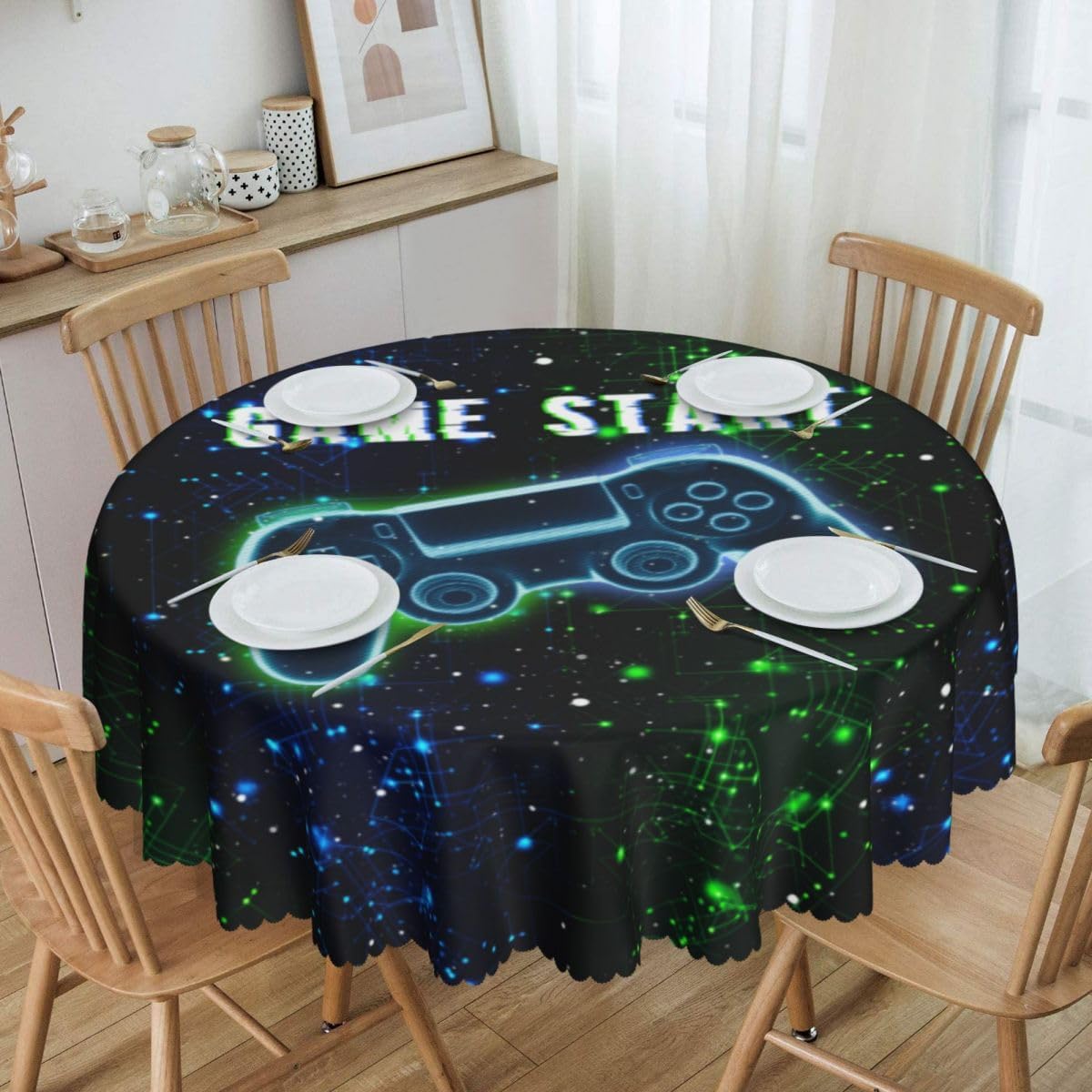Gamer Table Cloths, Game Cool Controller Gaming Video Gamepad Funny Blue Green Kids Birthday Party Table Cover Decor for Kitchen Dining Room Farmhouse Outdoor Home, 60" Round image 3