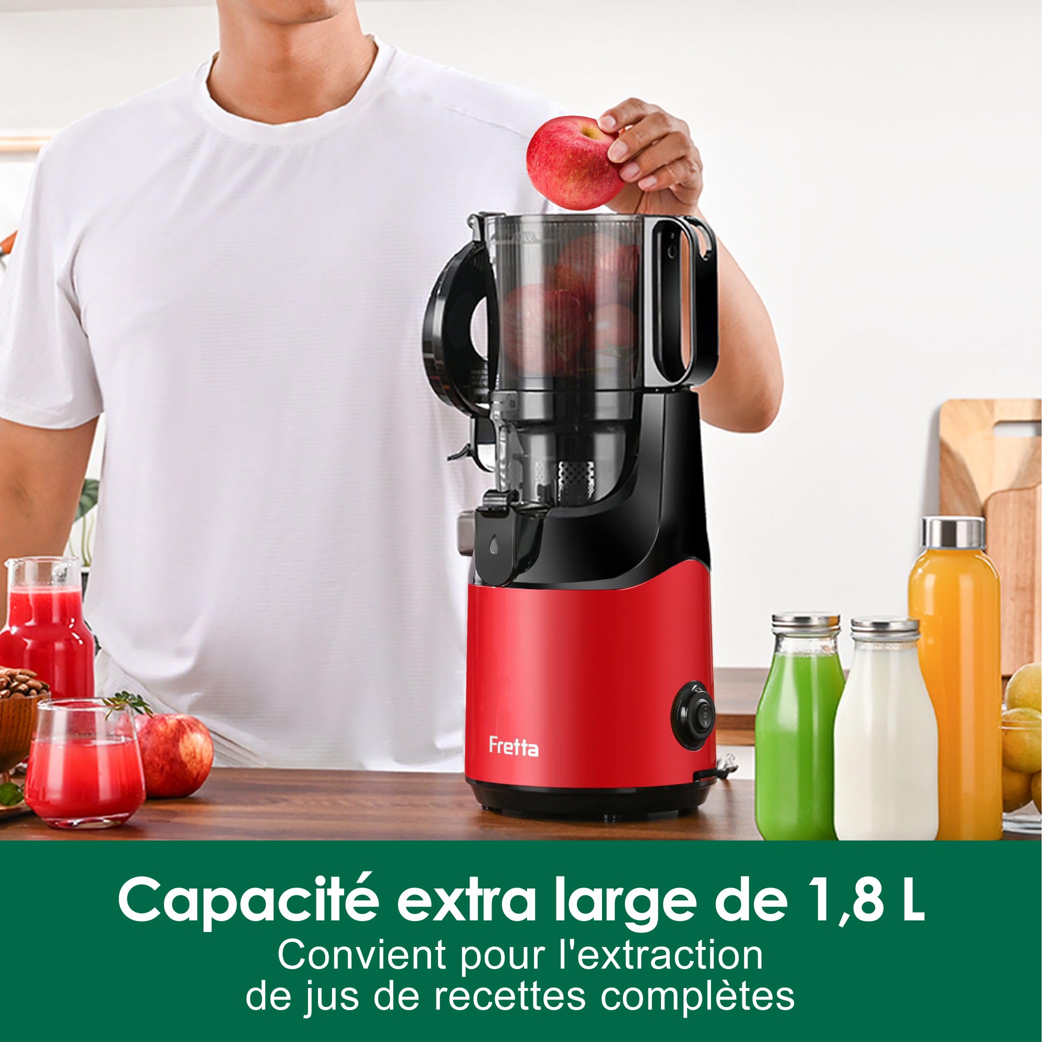 Fretta Extracteur de jus Max, Extracteur de jus de fruits et légumes, Slow Juicer Grand diamètre de 135 mm, 1.8L pressé à froid, Sans BPA, Rouge