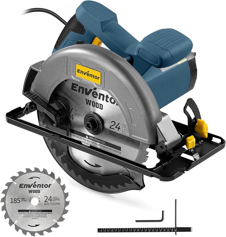 Enventor Circular Saw with 6000 RPM, 7-1/4 in, 11 A Corded | 0°-45° Bevel, Max Cut 2-7/16 in at 90°, Rip Guide, Scale Ruler, Double Safety Switch, 24T Blade for Woodworking
