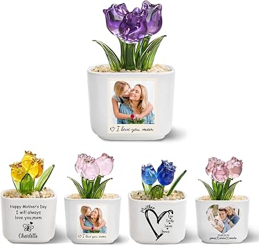 DYOART Custom Glass Flower Gifts for Mom Personalized Mothers Day Tulip Flowers Potted for Mama Grandma Anniversary Birthday Garden Gift Home Decor for Plant Lovers