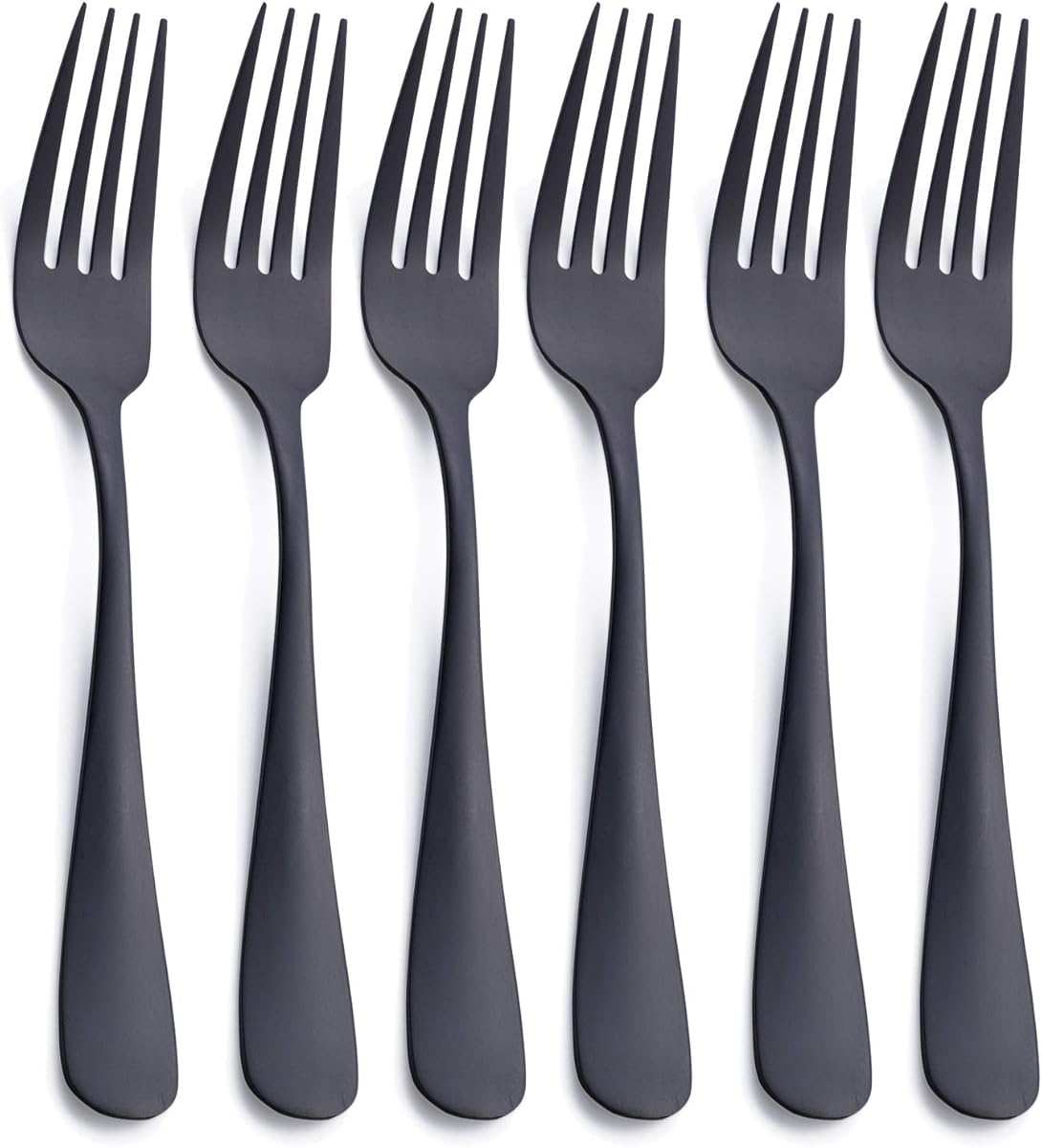 Matte Black Dinner Fork, GoGeiLi Stainless Steel Satin Finish 8.0-inch Silverware Flatware Fork Set, Service for 6, Dishwasher Safe