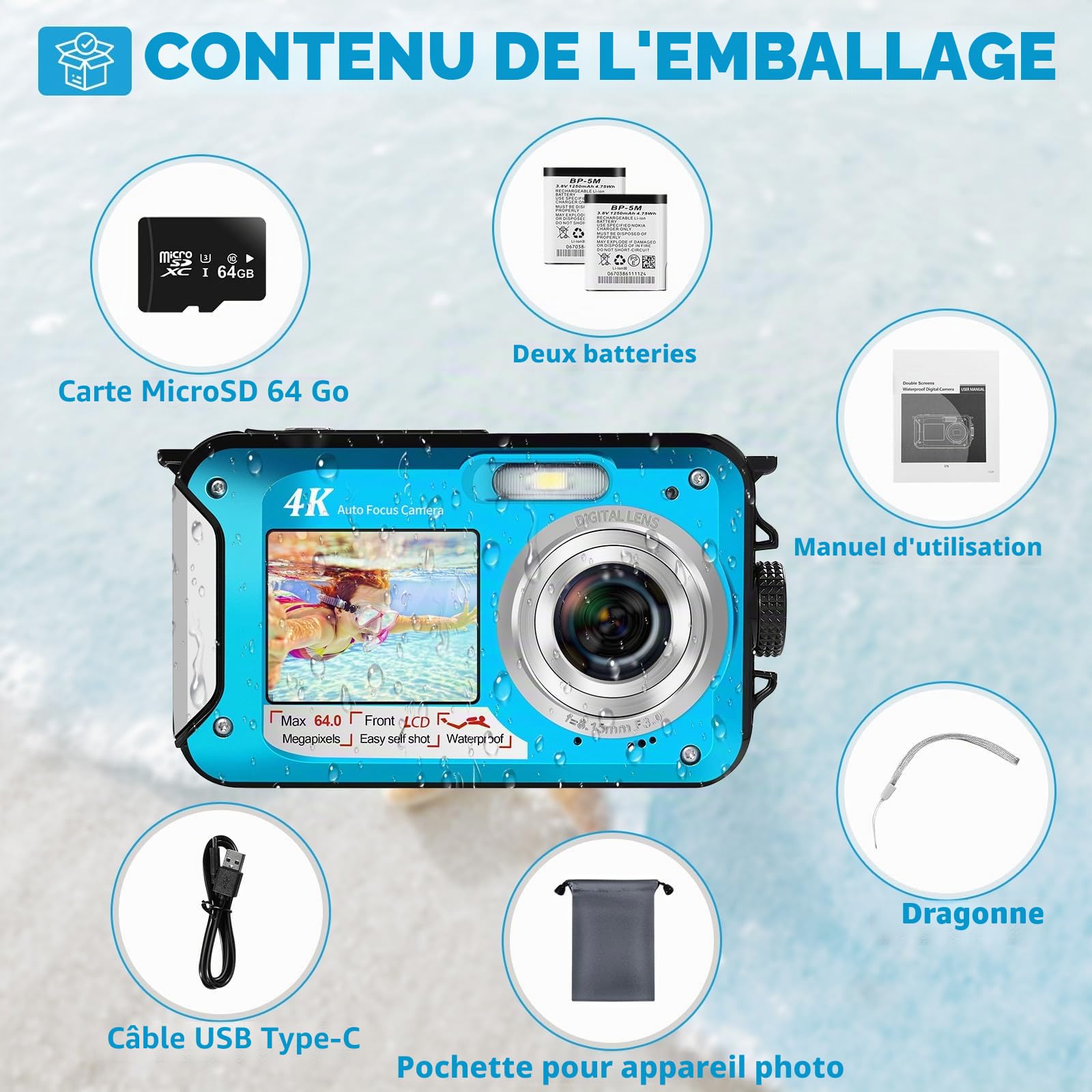 Appareil Photo Etanche 64MP avec Carte 64GB, Camera Etanche 4K avec Autofocus Et Double Écran Selfie, Appareil Photo Etanche Numérique 5 Mètres, Caméra Enfants Snorkeling (2 Batteries)