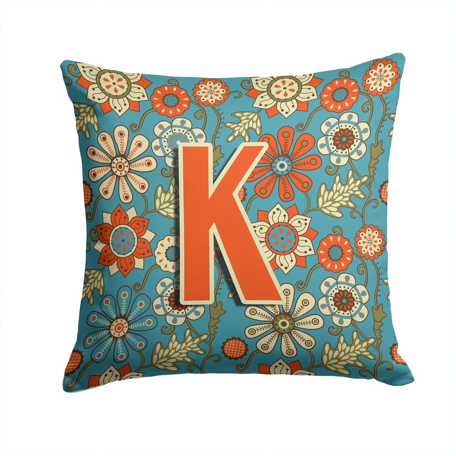 Caroline's Treasures CJ2012-KPW1414 Letter K Flowers Retro Blue Fabric Decorative Pillow 100% Machine Washable Pillow, Indoor or Outdoor Decorative Throw Pillow for Couch, Bed or Patio