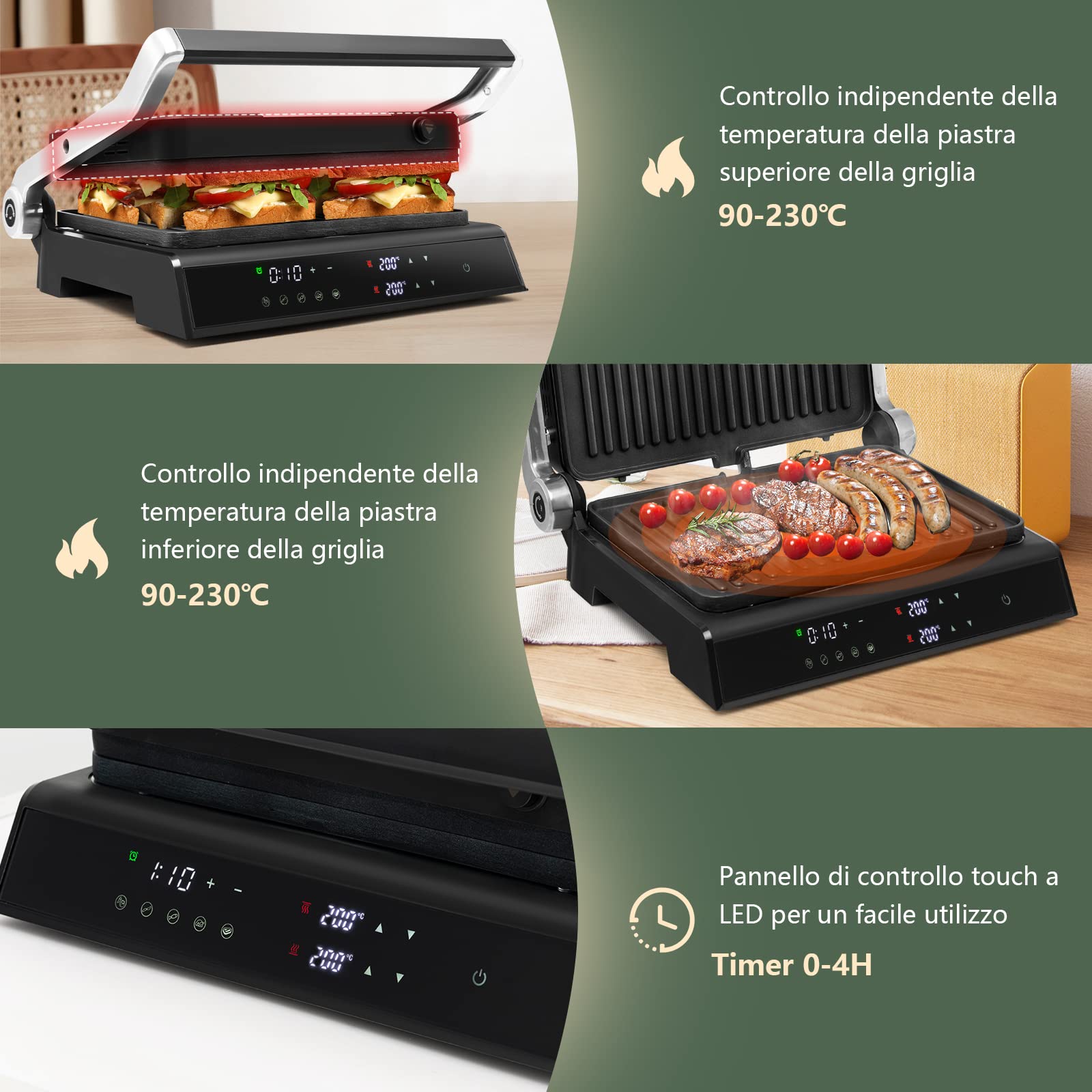 RELAX4LIFE Piastra Elettrica 2000W, Bistecchiera Elettrica con Piastre Antiaderenti e Rimovibili, 5 Modalità Automatiche, Cottura Bifacciali 90° a 230°, Timer 0-4 H, per Panini e BBQ