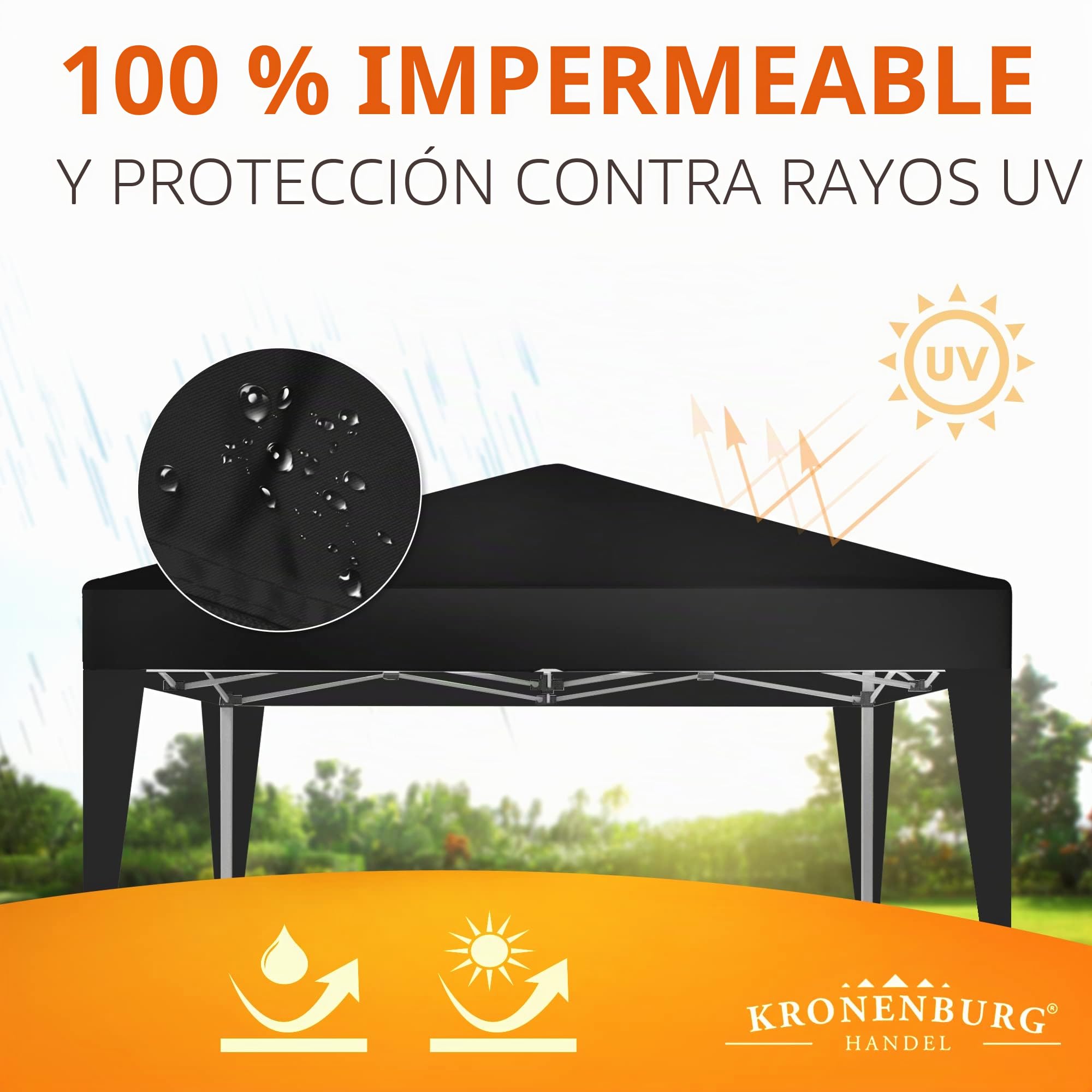 Kronenburg Cenador plegable resistente al agua, 2 x 2 m, protección UV 50+ cenador en negro