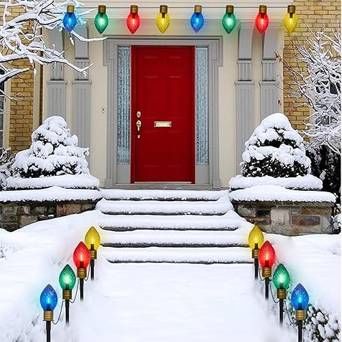 Miniatura 6 de Paquete de 2 luces de camino de Navidad Jumbo C9 para exteriores, luces LED de camino de Navidad de 7 pies con estacas de marcador de camino,