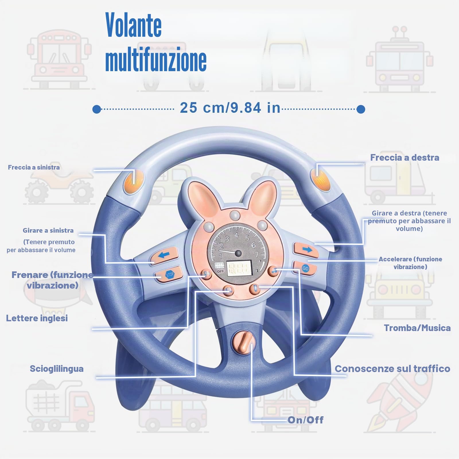 Volante Giocattolo per Bambini, Simulatore di Guida Bambini con Giochi Musicali, Luci e Vibrazioni, Gioco di Ruolo 360°Ruota Volante Giocattolo per Auto 3 5 6 Anni (Blu)