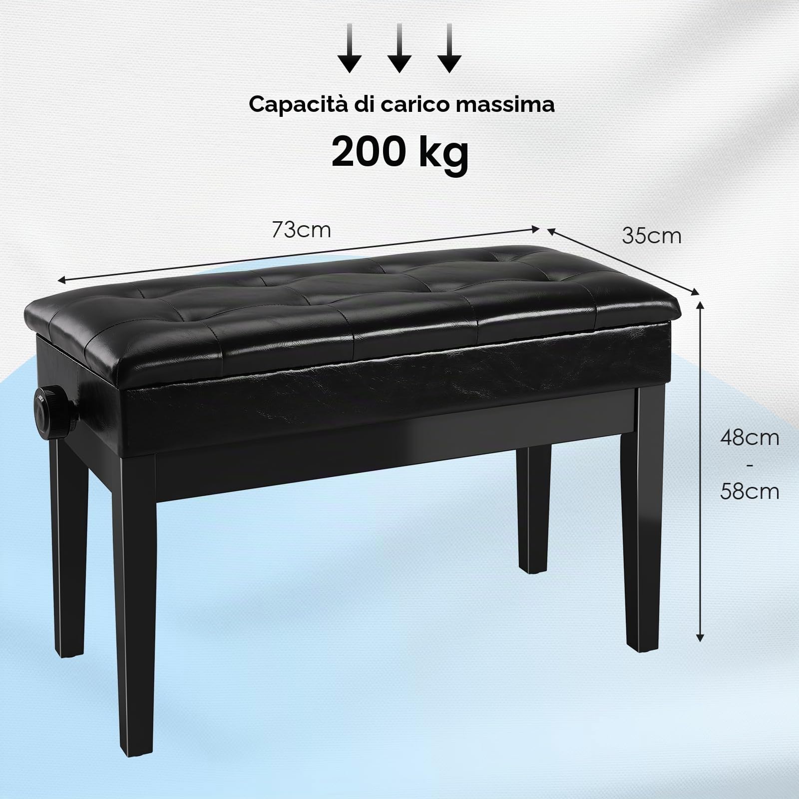 MAMIZO Sgabello Pianoforte Regolabile in Altezza 2 Persone 73x35x48-58CM, 4 PCS Gambe in Legno Massello Sgabello Tastiera, Panca Pianoforte con Archiviazione, Sgabello Pianoforte Max 200KG, Nero