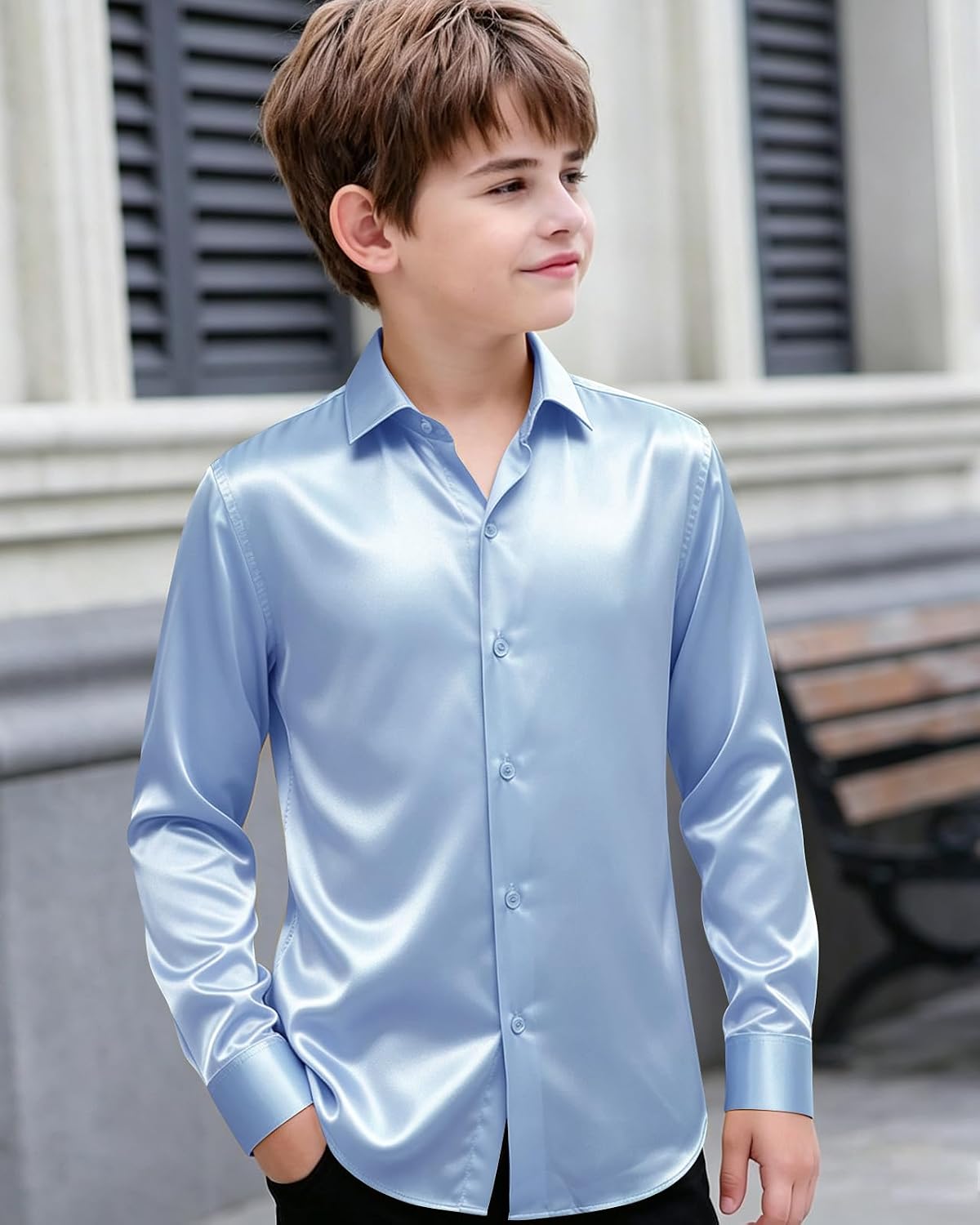 Hi-Tie Boys Satin Shirt Long Sleeve Button Down Dress Shirts for Kids