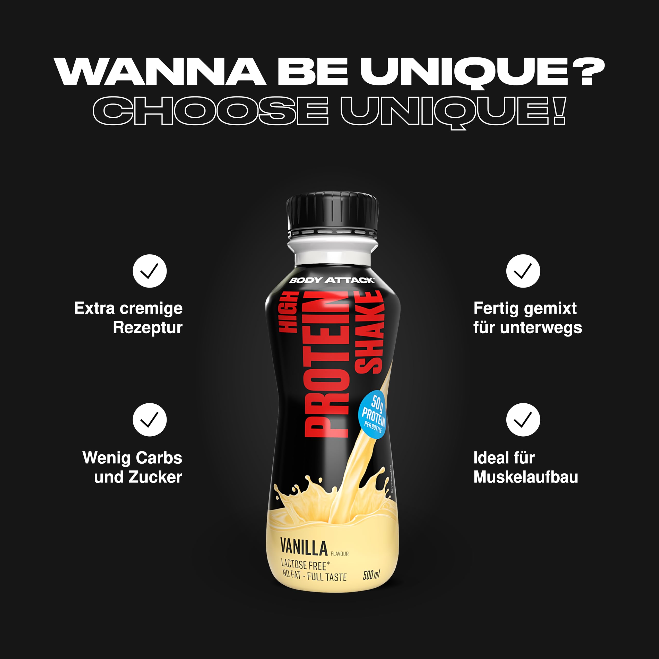 Body Attack High Protein Shake - Chocolate, 12 x 500 ml, je 50 g Protein - kalorienarmer Protein Shake für Muskelaufbau - Fertigdrink mit Milcheiweiß für to go, inkl. Pfand - Made in Germany