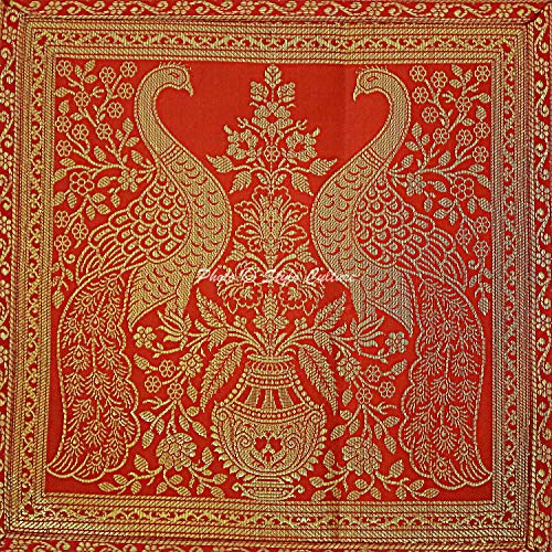 Image of Decorative Brocade Cushion Covers 16x16 Inch Banarasi Jacquard Weave Red & Gold Living Room Decor Peacock Traditional Square 40x40 cm Zippered Sofa Settee Pillowcases -Set of 2 Pcs
