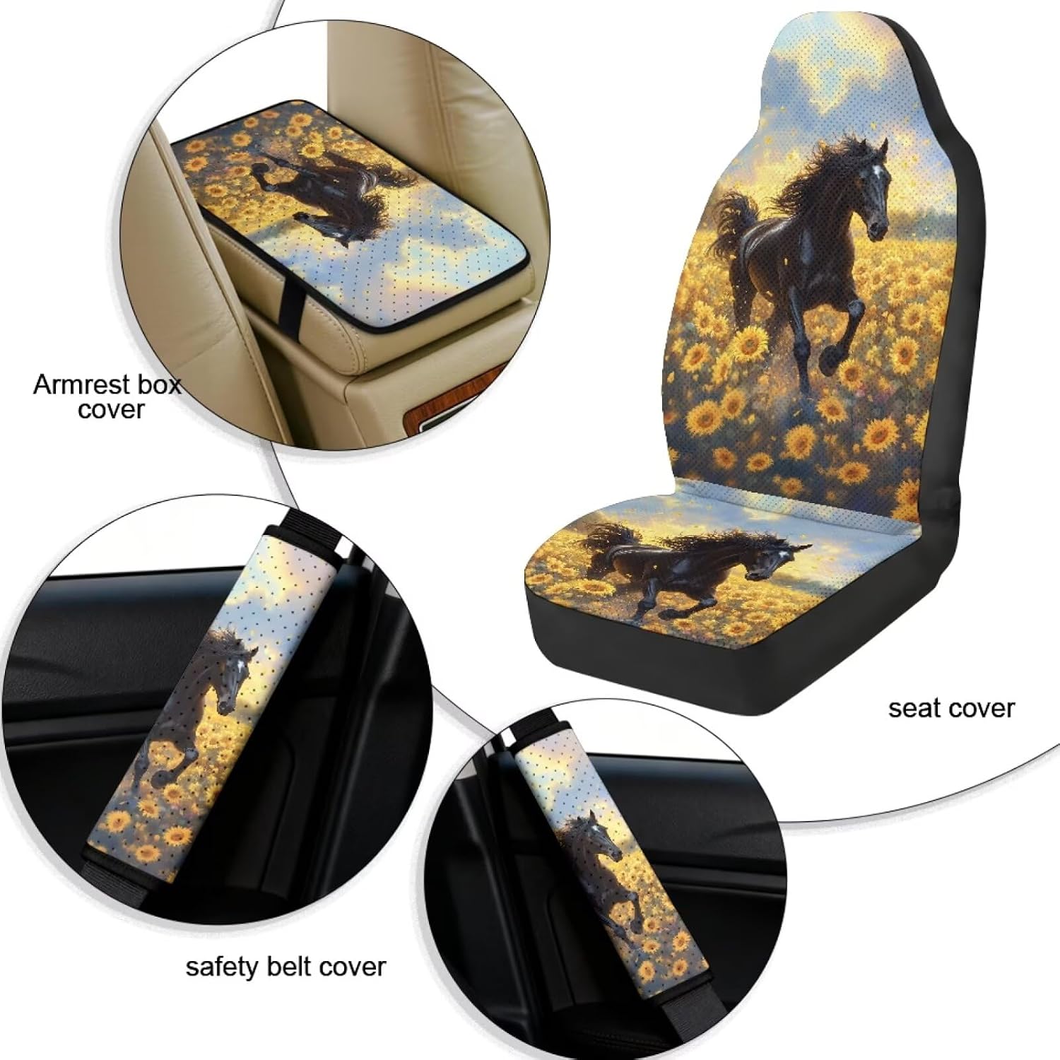 Vibrant Sunflower & Horse Print Car Seat Covers Front Seats Only with Belt Covers Armrest Box Cover 5Pcs Set for SUV Sedan Van Truck PU Leather Seat Protector Automotive Accessories