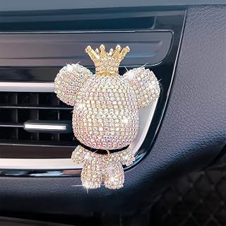 Handmade Bling Rhinestone Bear Car Air Freshener Cute Ornaments Car Vent Clips Accessories Perfume Clip Aromatherapy Diffuser Fragrance Cotton Pad Car Interior Decoratio Women Girl (AB白)