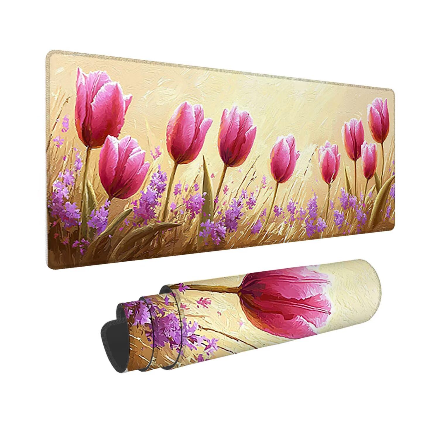 Podkładka pod mysz do gier XXL duża mysz 1200 x 500 mm, duża podkładka pod biurko z antypoślizgową gumową podstawą do gier, komputera, poprawia precyzję i szybkość (tulipany) o892