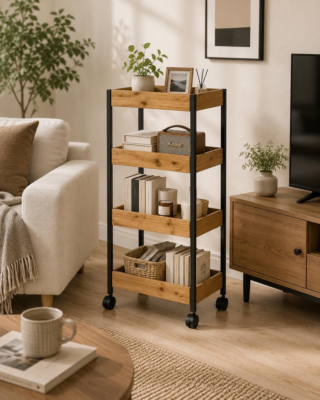Carrito de Almacenamiento de 4 Niveles, Estantería con Ruedas 35x25x95 cm | Diseño compacto. Ideal para dormitorio, baño, cocina, balcón, salón y estudio XZ-22229