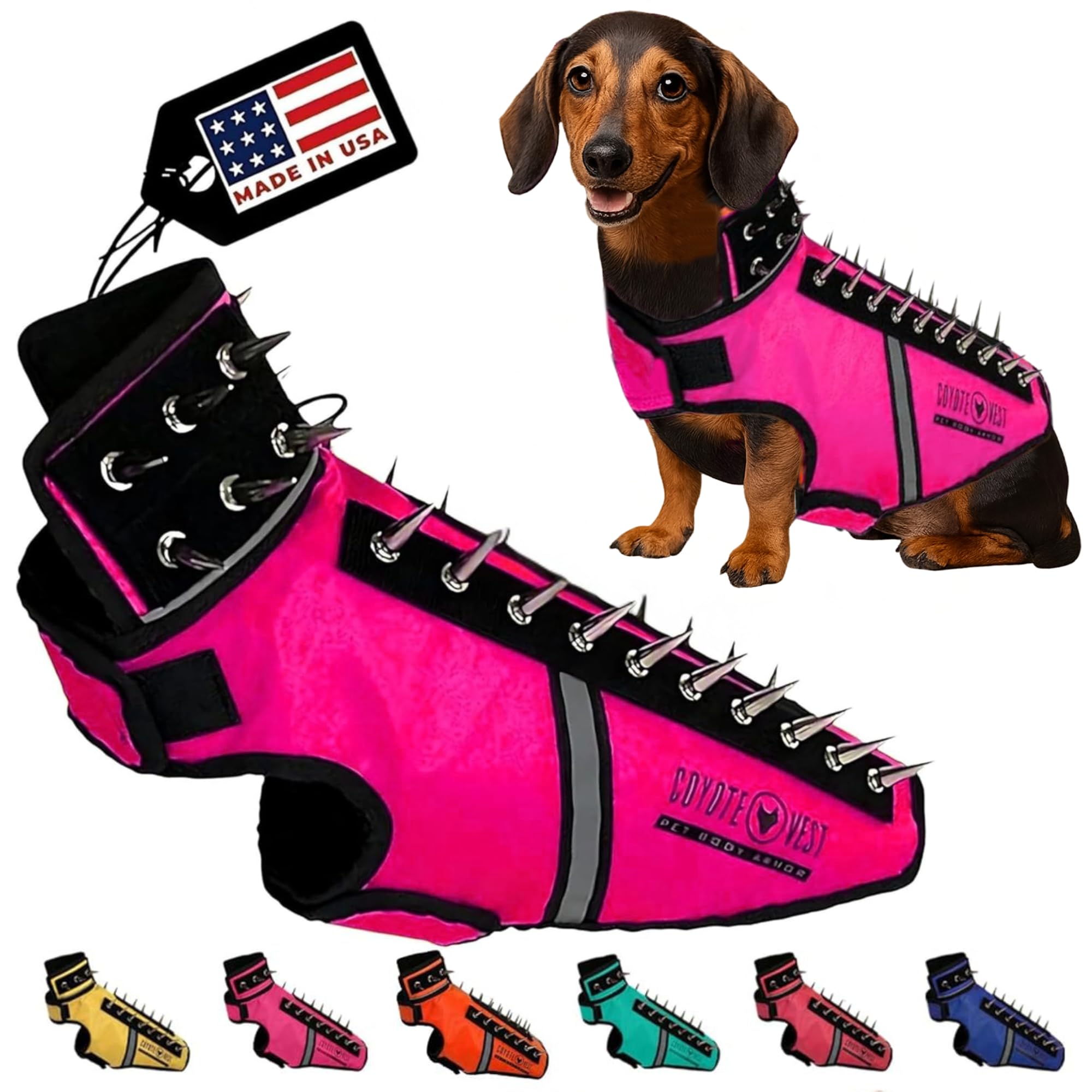 CoyoteVest SpikeVest Dog Harness Vest for Small Dogs, Reflective Dog Vest with Spikes to Shield Your pet from Coyotes, Raptor and Animal Attacks, Anti Hawk Vest, Made in USA (S-Pink)