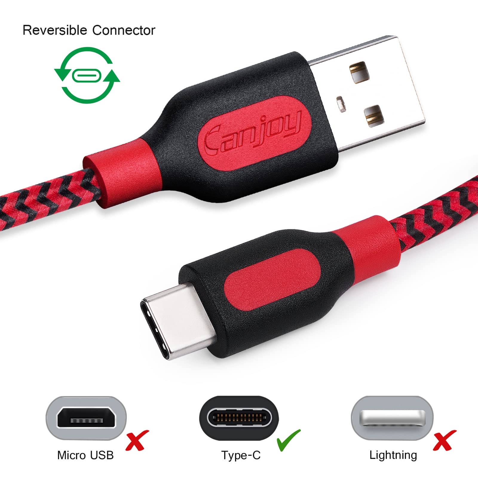 Canjoy 3pcs 10ft 2.0 USB C Cable 3m Negro Cable USB
