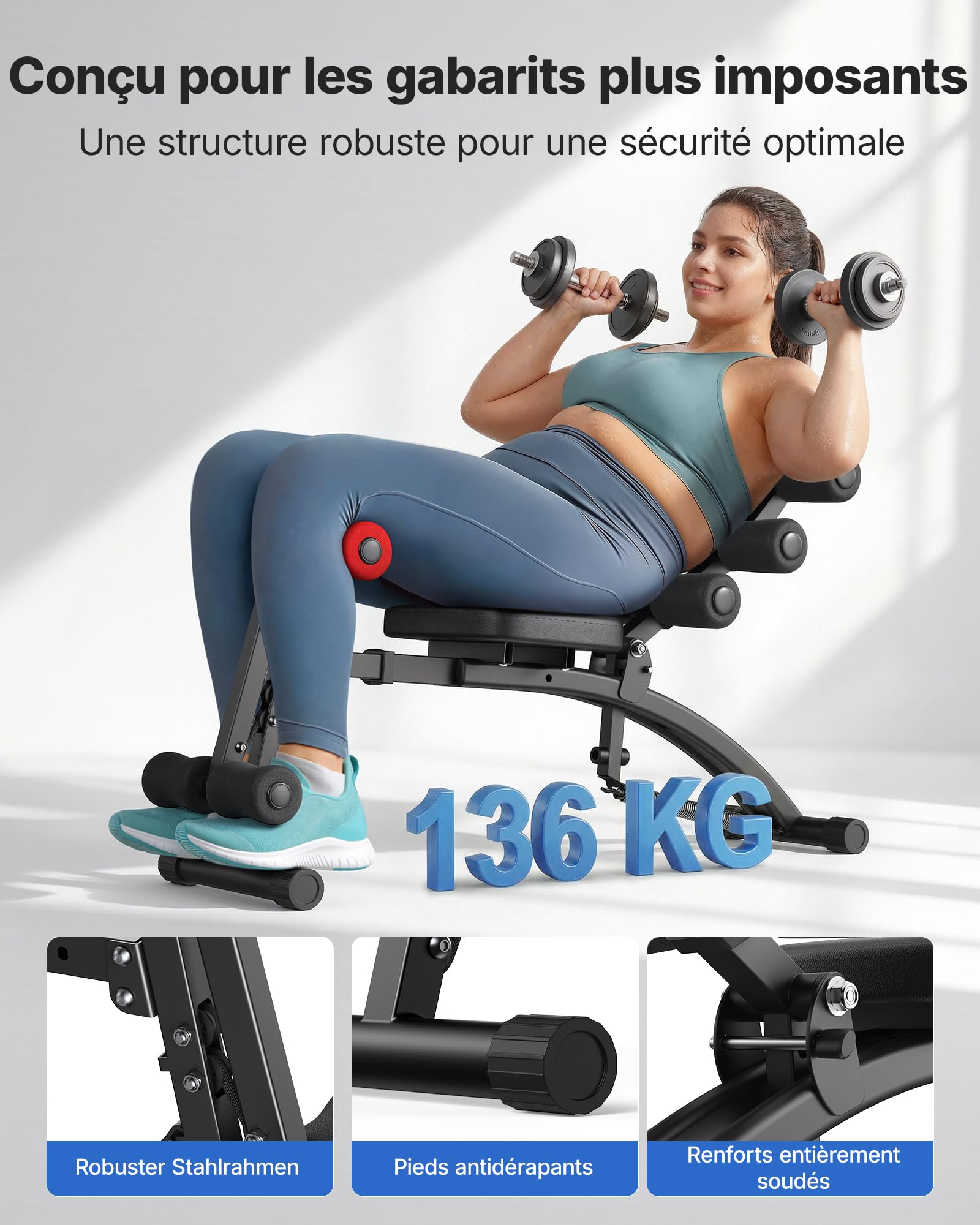 MERACH Machine d'Abdos, Banc de Sit-Up Réglable, Machine d'Abdominaux pour Home Gym pour Taille Abdos Hanches Jambes, Max 136KG, pour Sit-Up/Vélo Aérien/Torsion Abdominale/Relevé de Jambes etc.