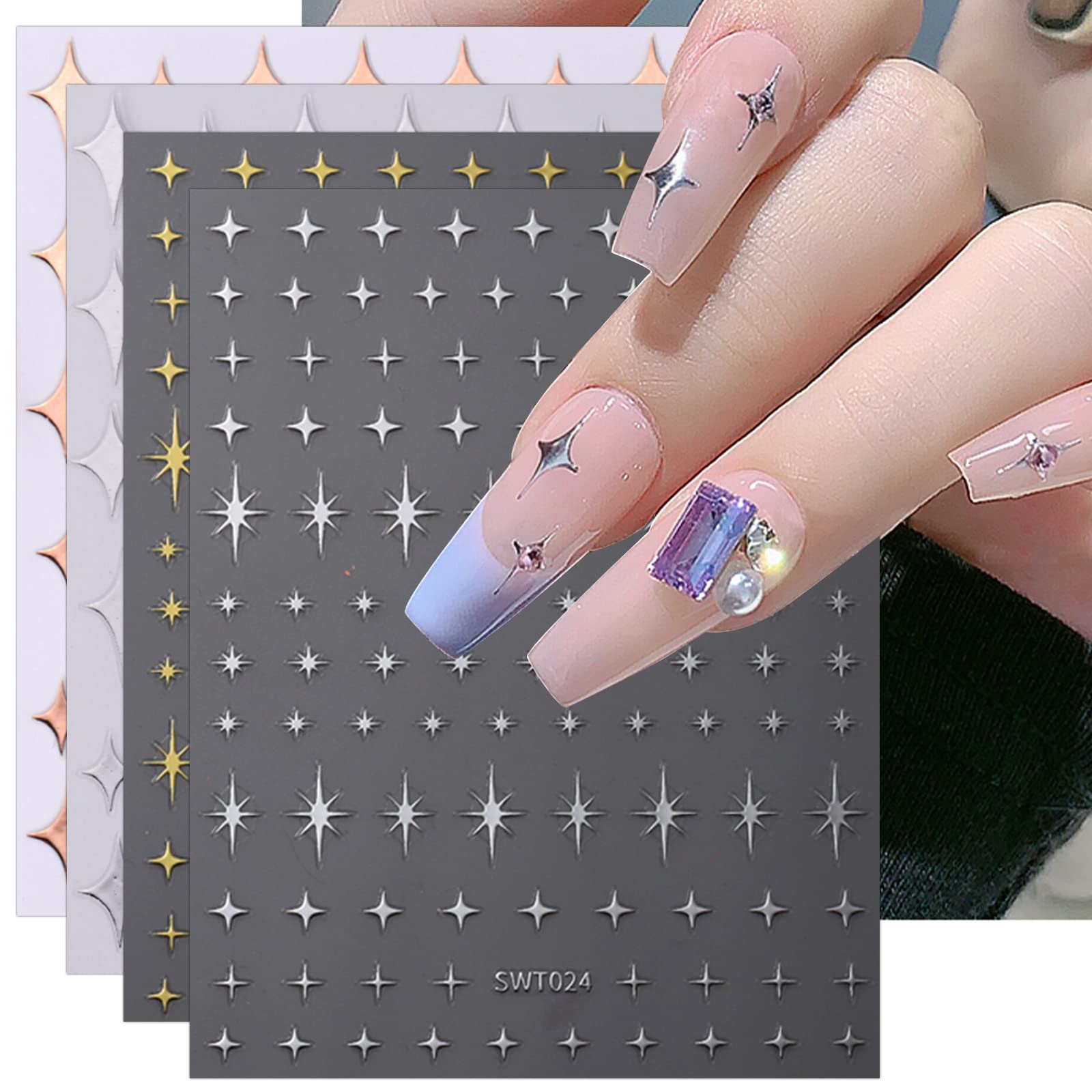 jmeowio9 Sheets Colorful Star Nail Art Stickers Decals Self-Adhesive Silver Nail Supplies Nail Art Design Decoration Accessories